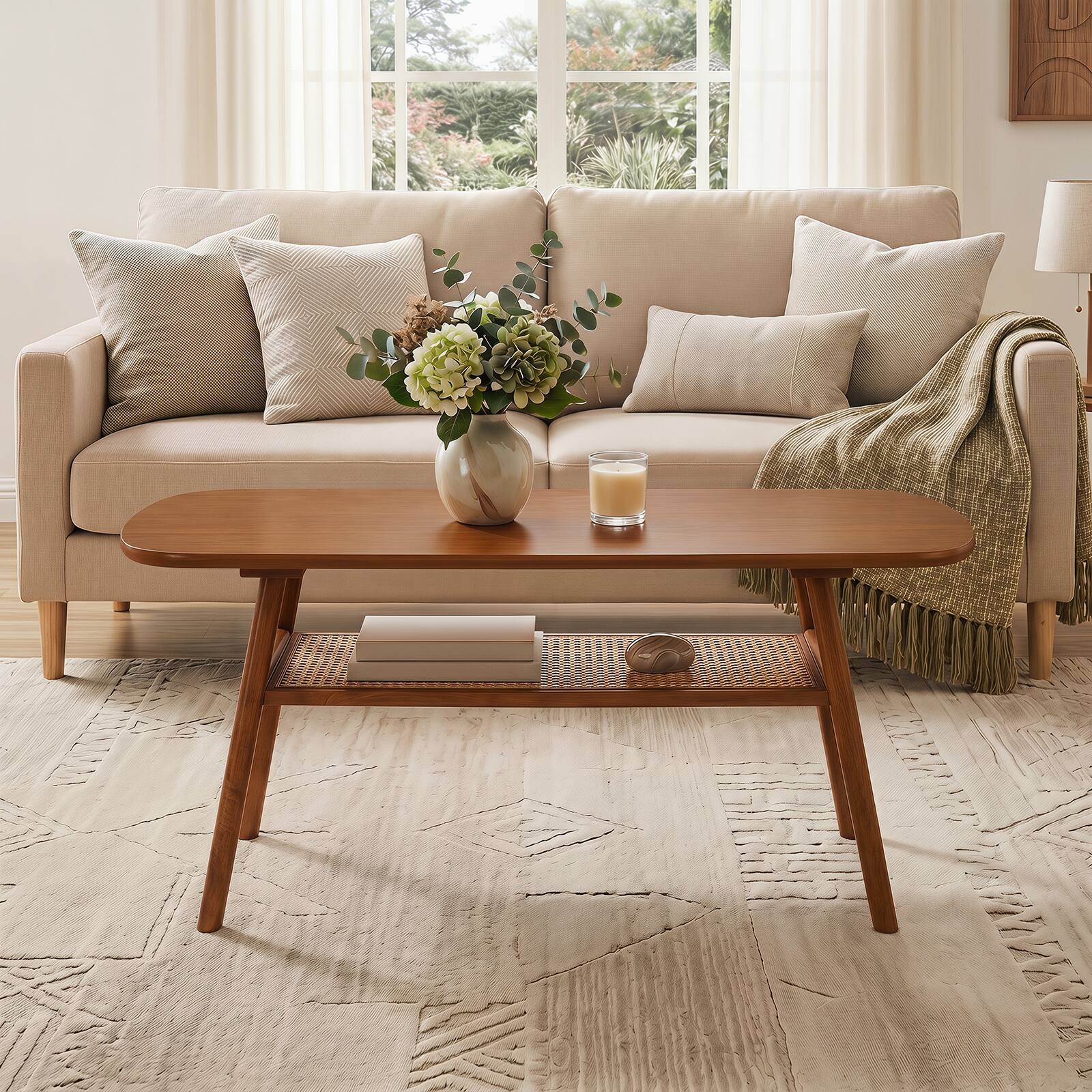 Alt View 4. Gymax - Gymax Boho Rattan Coffee Table 2-Tier Accent Table w/Rounded Corners Storage Shelf Walnut - Brown.