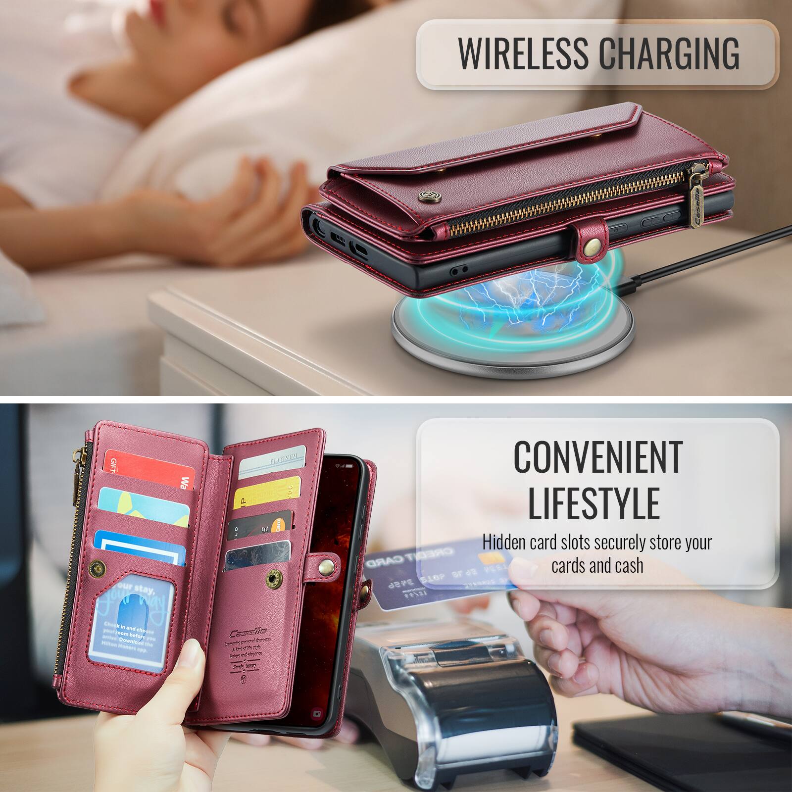WIRELESS CHARGING

1. Get our stay. Love aV Choch - ad - ome 2 Salo - - - Wa PLAZIREZE & : L Cmie Atot I R - - - 1

CONVENIENT LIFESTYLE

Hidden card slots securely store your CARD CREDIT d PESS cards and cash