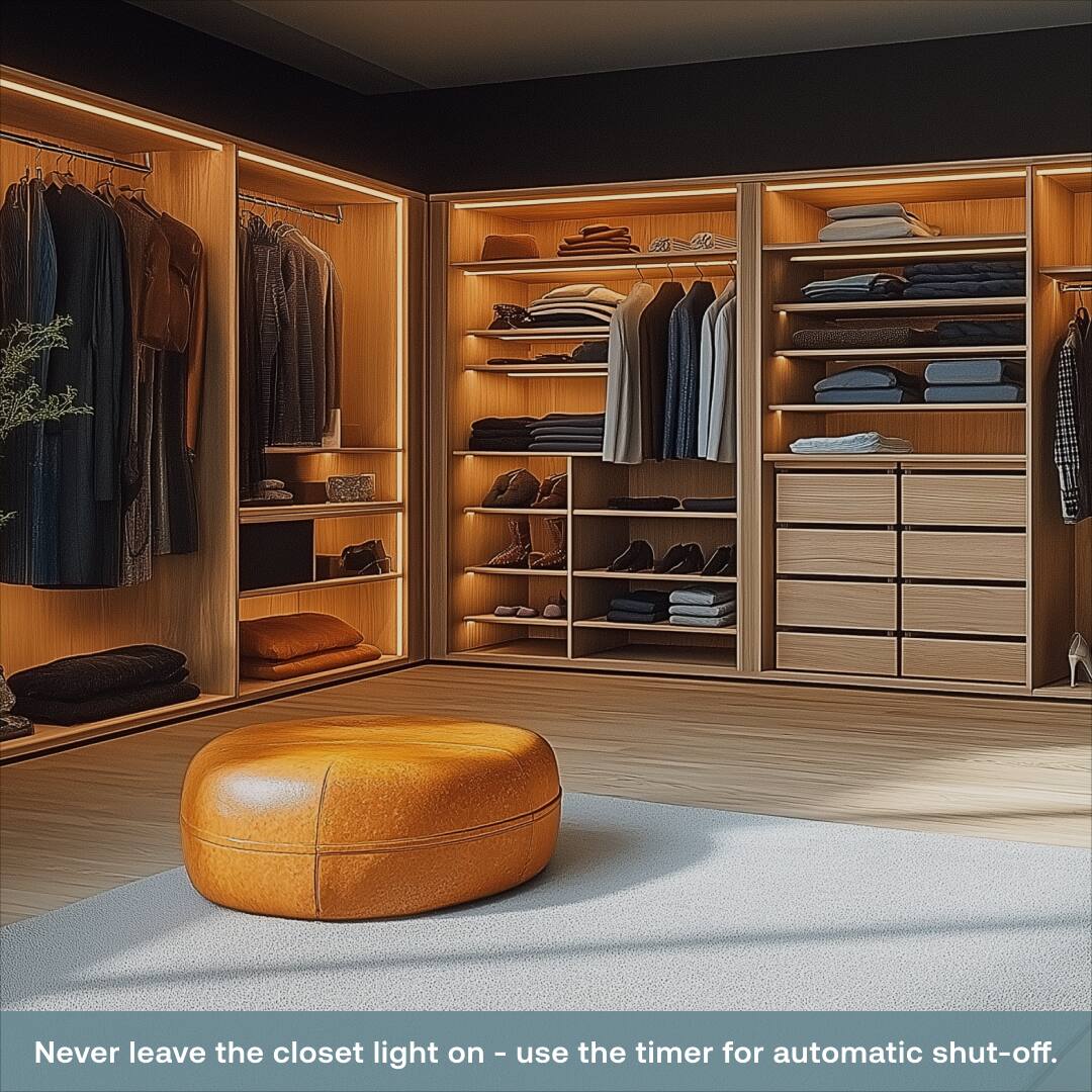 Never leave the closet light on - use the timer for automatic shut-off.