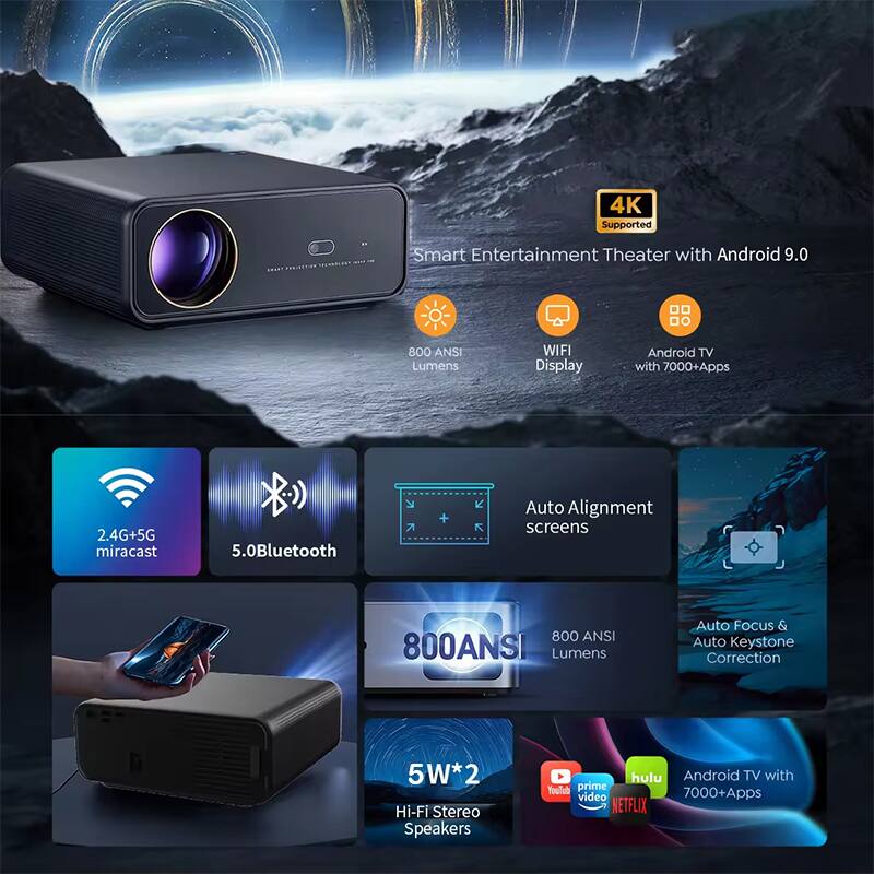 4K Supported Smart Entertainment Theater with Android 9.0  
800 ANSI Lumens  
WIFI Display  
Android TV with 7000+ Apps  
2.4G+5G Miracast  
5.0 Bluetooth  
Auto Alignment Screens  
800 ANSI Lumens  
Auto Focus & Auto Keystone Correction  
5W*2 Hi-Fi Stereo Speakers  
Android TV with 7000+ Apps  
Netflix, Hulu, Amazon Prime Video
