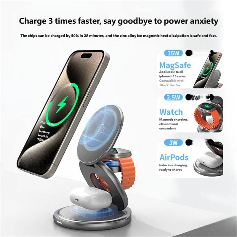 Charge 3 times faster, say goodbye to power anxiety

The chips can be charged by 50% in 28 minutes, and the zinc alloy ice magnetic heat dissipation is safe and fast.

15W MagSafe
Applicable to all iPhone 8-15 series
Compatible with 10W/7.5W, 5W

2.5W Watch
Magnetic charging, efficient and convenient

3W AirPods
Inductive charging, ready to charge

Currently the battery level is 75%
