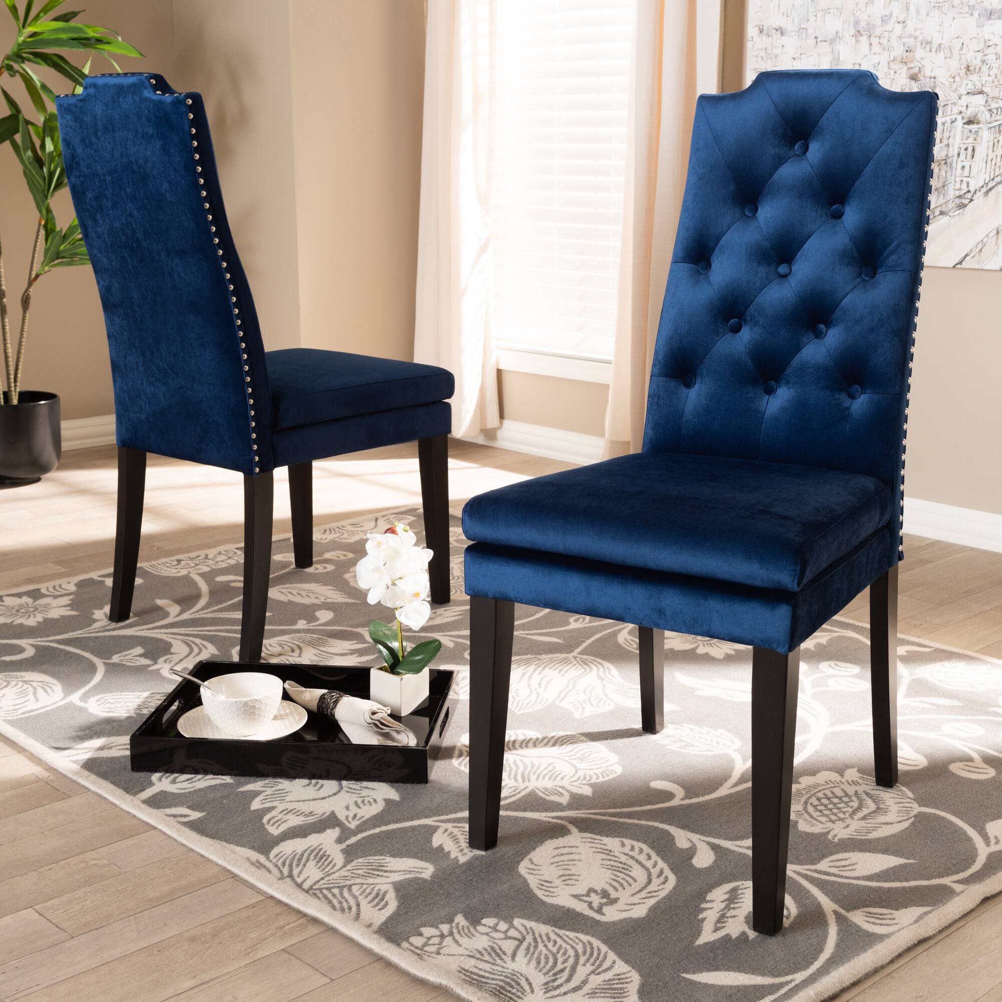 Alt View 1. Baxton Studio - Dylin Modern and Contemporary Velvet Fabric Upholstered Button Tufted Wood Dining Chair Set - Royal Blue.