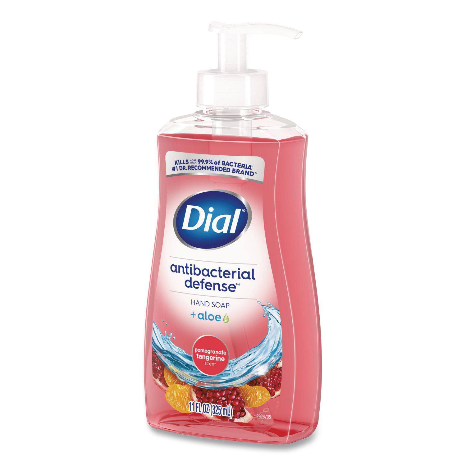 Dial antibacterial defense HAND SOAP + aloe pomegranate tangerine scent  
11 FL OZ (325 mL)  
KILLS 99.9% of BACTERIA*  
#1 DR. RECOMMENDED BRAND*  
2926735