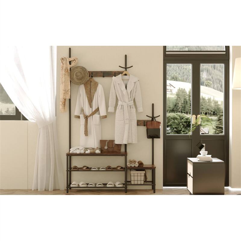 Alt View 2. ALEXOUN - Multi- Heavy-Duty Rolling Garment Rack - 3 Tiers, Adjustable Wire Shelving,Clothes Rack with 2 Rods & Hooks for Clothing - Brown.