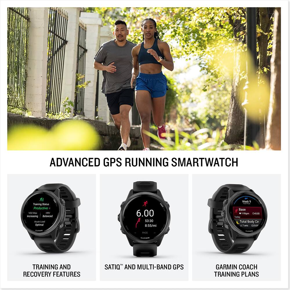 ADVANCED GPS RUNNING SMARTWATCH

TRAINING AND RECOVERY FEATURES

SATIQ™ AND MULTI-BAND GPS

GARMIN COACH TRAINING PLANS