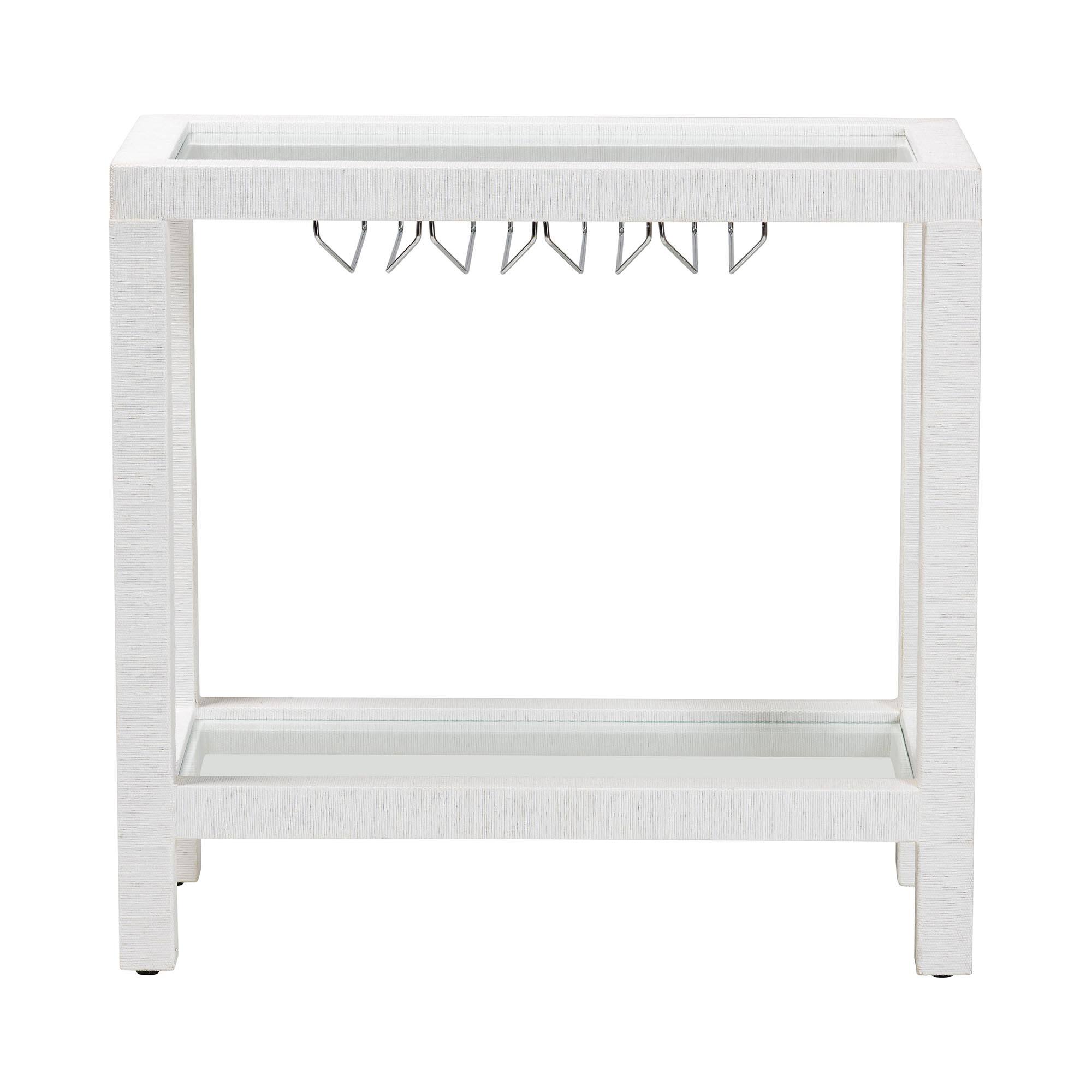 Back. bali & pari - Oaklynn Natural Grasscloth Wine Rack - Two-Tier Bar Table with Glass Shelves and Stemware Rack, Modern Coastal Console - White.