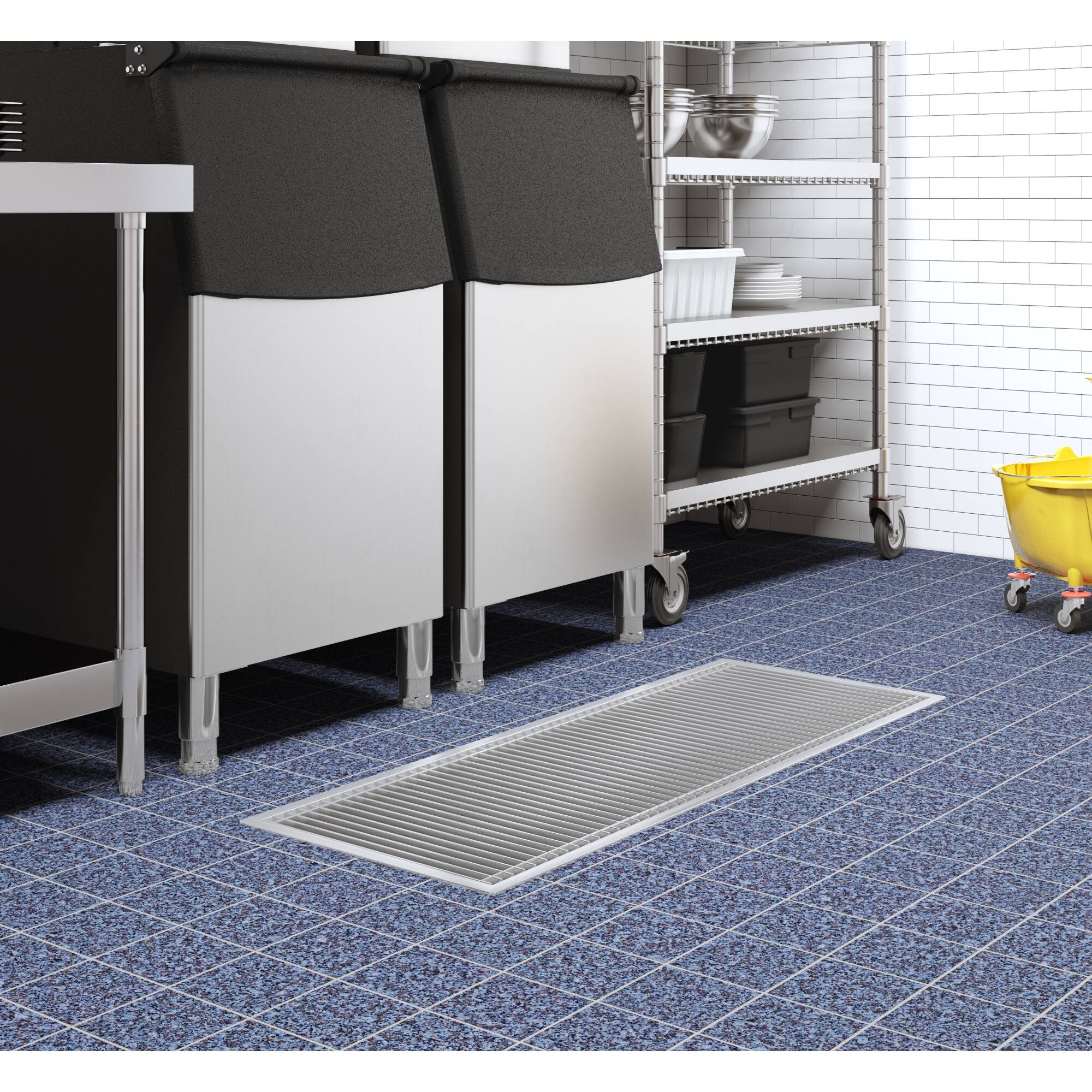 Left. Koolmore - 18" x 48" Stainless Steel Floor Trough Drain, 14-Gauge with Subway-Style Grating & Removable Drain Basket, NSF Listed - Stainless-Steel.