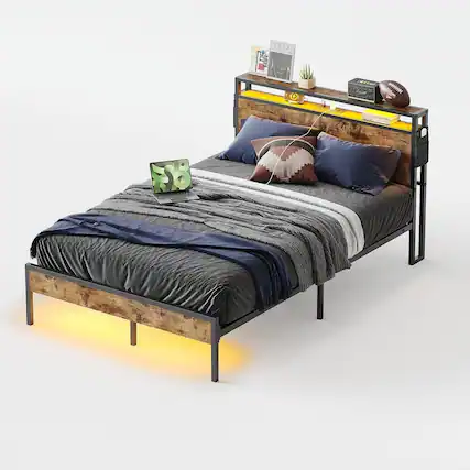 Front. Bestier - Full Size Bed Frame with LED Lights, Storage Headboard, USB Ports & Under-Bed Space, No Box Spring Needed - Brown.