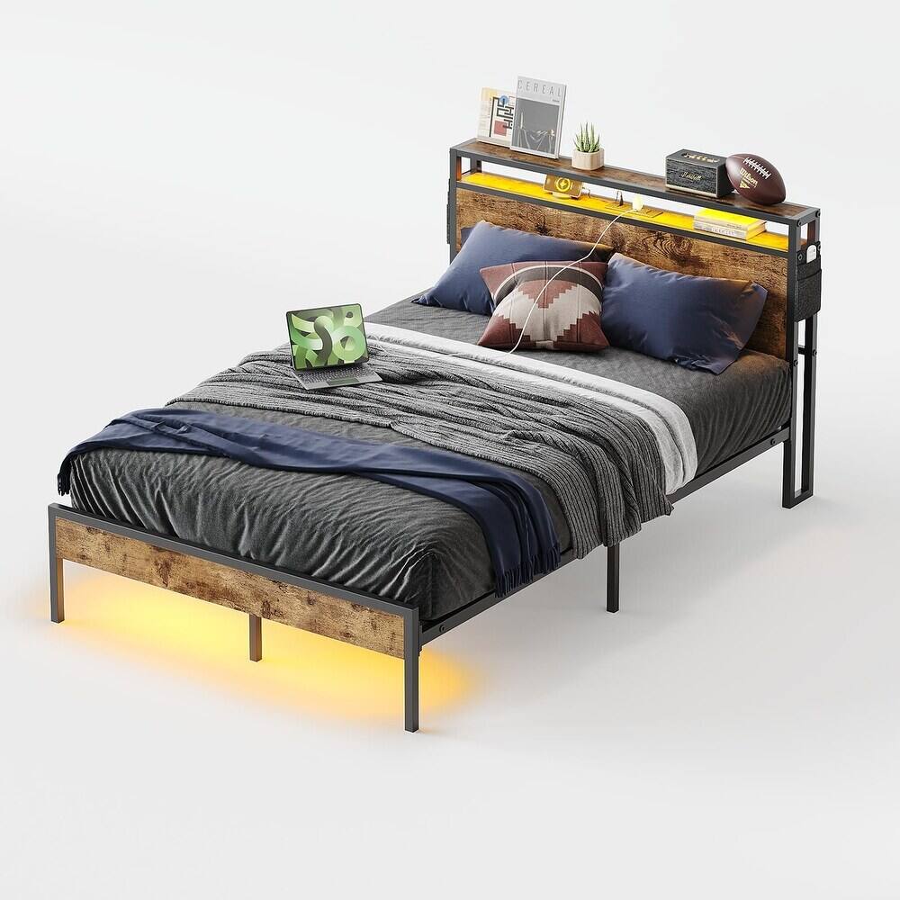 Bestier - Full Size Bed Frame with LED Lights, Storage Headboard, USB Ports & Under-Bed Space, No Box Spring Needed - Brown