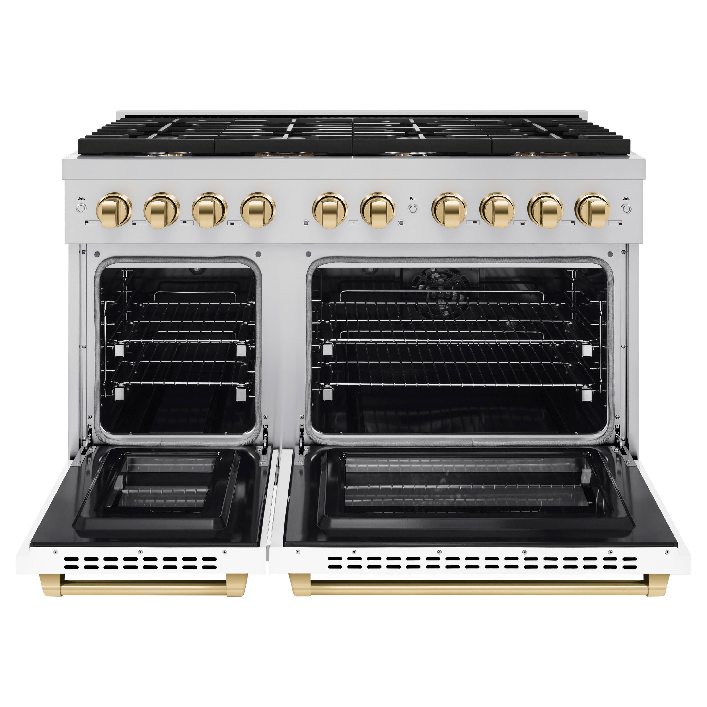 Angle. ZLINE - ZLINE Autograph 48" Paramount Double Oven Dual Fuel Range with White and Gold Accents (SDRZ-WM-48-G) - White.