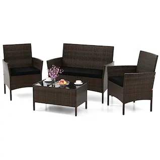 Costway - 4 PCS Patio Furniture Set with Washable Cushions and Tempered Glass Coffee Table - Black + Mix Brown