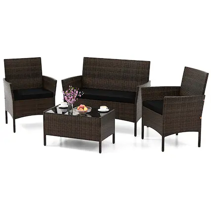 Front. Costway - 4 PCS Patio Furniture Set with Washable Cushions and Tempered Glass Coffee Table - Black + Mix Brown.