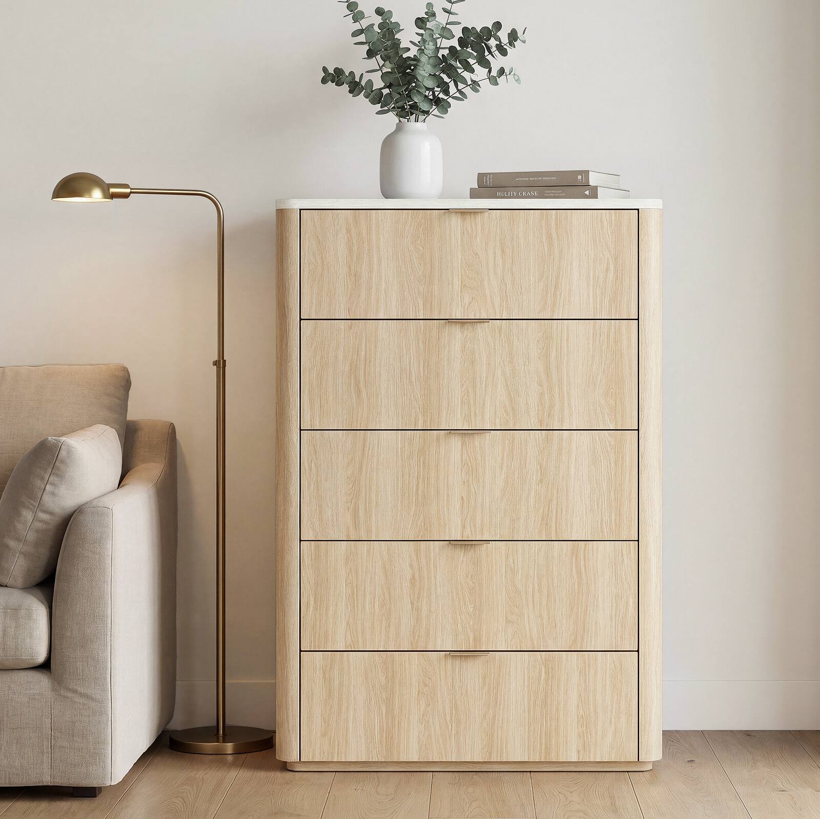 Angle. ModernMate - 5 Drawers Dresser Faux Travertine 31.5" Wide Dresser Chest for Bedroom Living Room - Natural Oak.