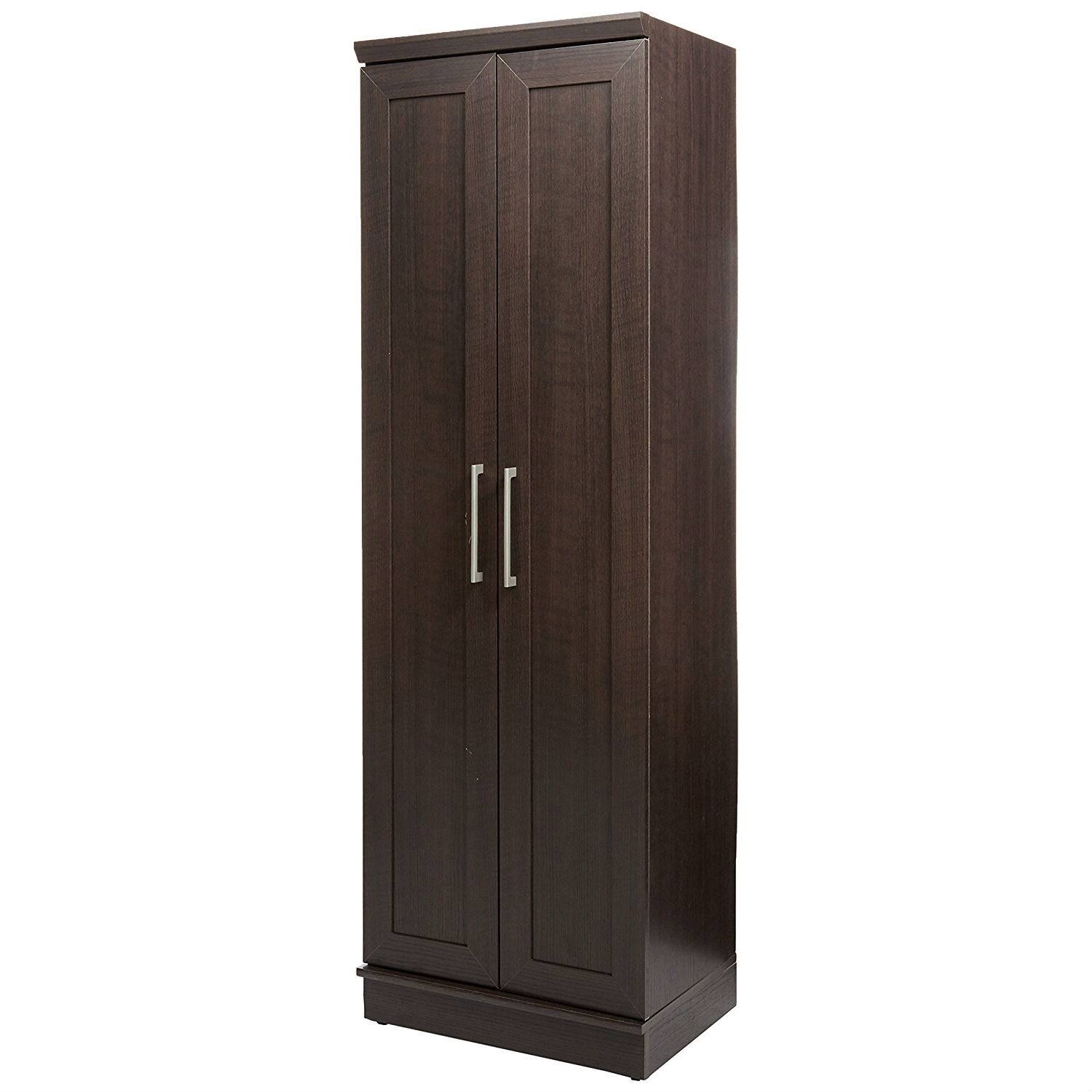 Front. SlickBlue - Bedroom Wardrobe Cabinet with Hanging Rail and Shelves for Clothes Storage - Dark Brown, Oak.
