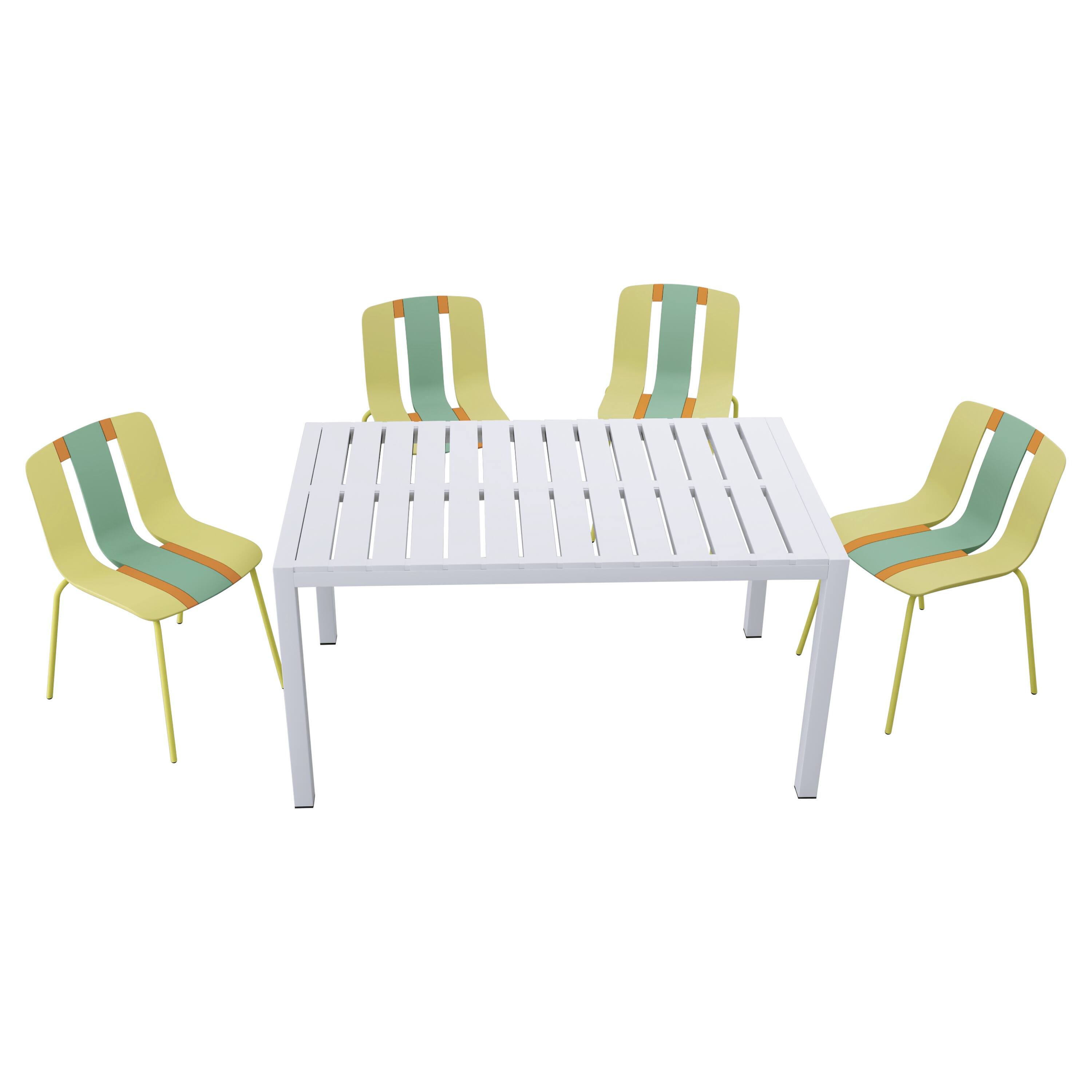 Mondawe - 5-Piece Outdoor Dining Set – 55 Inch Table with 4 Striped Color Block Chairs,PP Tabletop with Metal Legs - Yellow+Green+White
