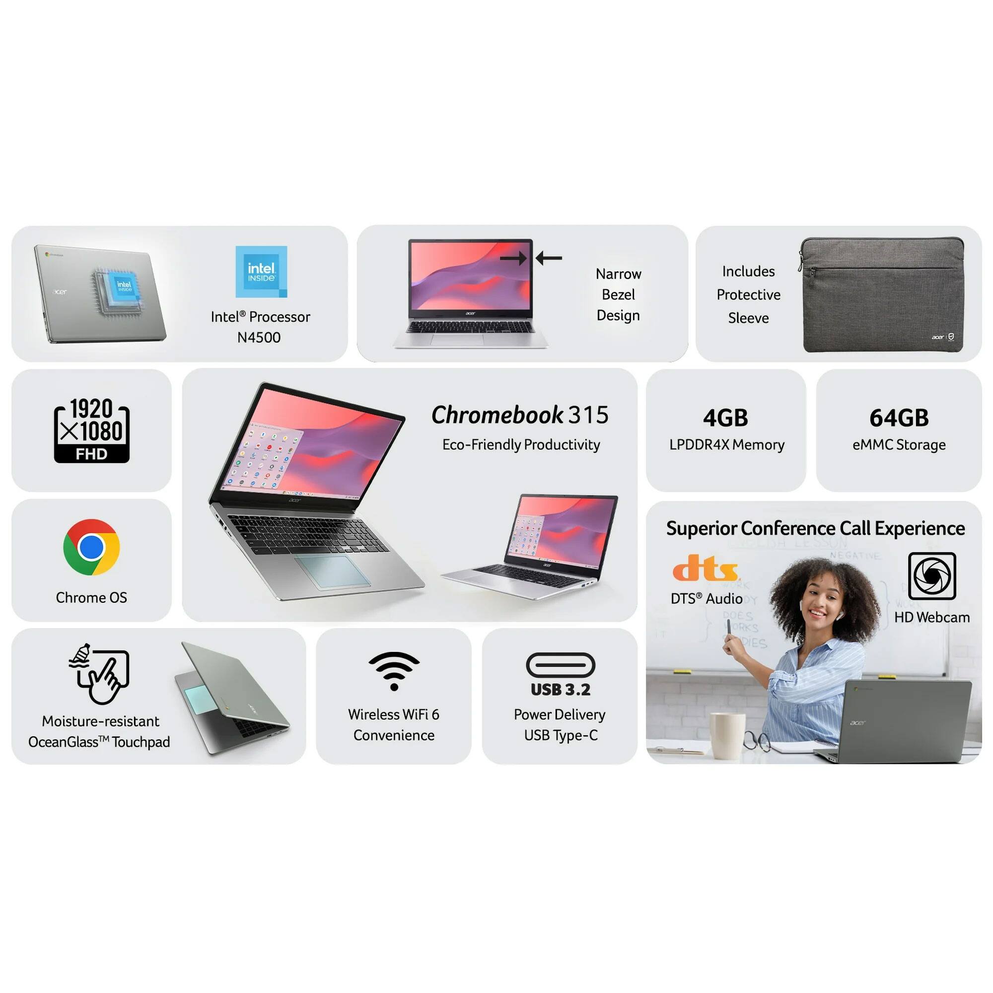- Intel® Processor N4500
- Narrow Bezel Design
- Includes Protective Sleeve
- 1920 x 1080 FHD
- Chromebook 315 Eco-Friendly Productivity
- 4GB LPDDR4X Memory
- 64GB eMMC Storage
- Chrome OS
- Superior Conference Call Experience
- DTS Audio
- 2300 HD Webcam
- Moisture-resistant OceanGlass™ Touchpad
- Wireless WiFi 6 Convenience
- USB 3.2 Power Delivery
- USB Type-C