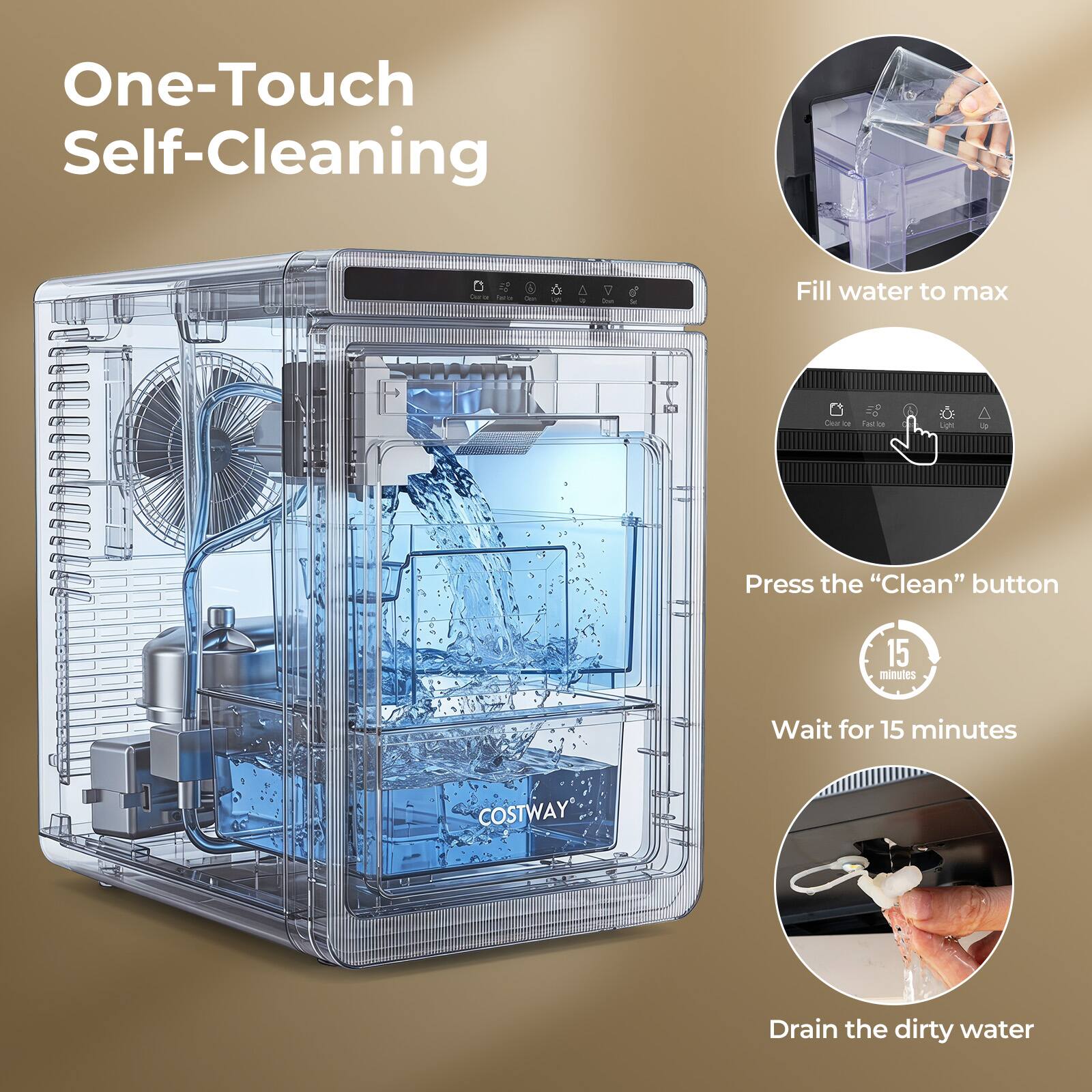 One-Touch Self-Cleaning

1. Fill water to max
2. Press the "Clean" button
3. Wait for 15 minutes
4. Drain the dirty water