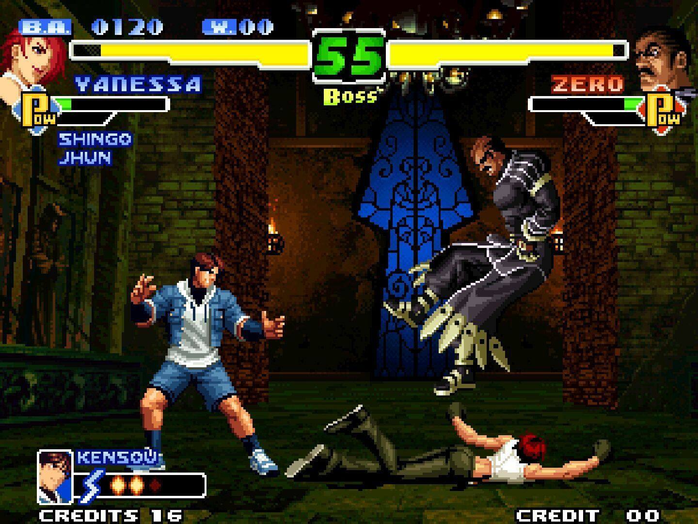 0120 W.W.O.T. YANESSA OW SHINGO JHUN  
55 Boss  
ZERO Pubmitter OW  
KENSOU  
CREDITS 16  
CREDIT 00