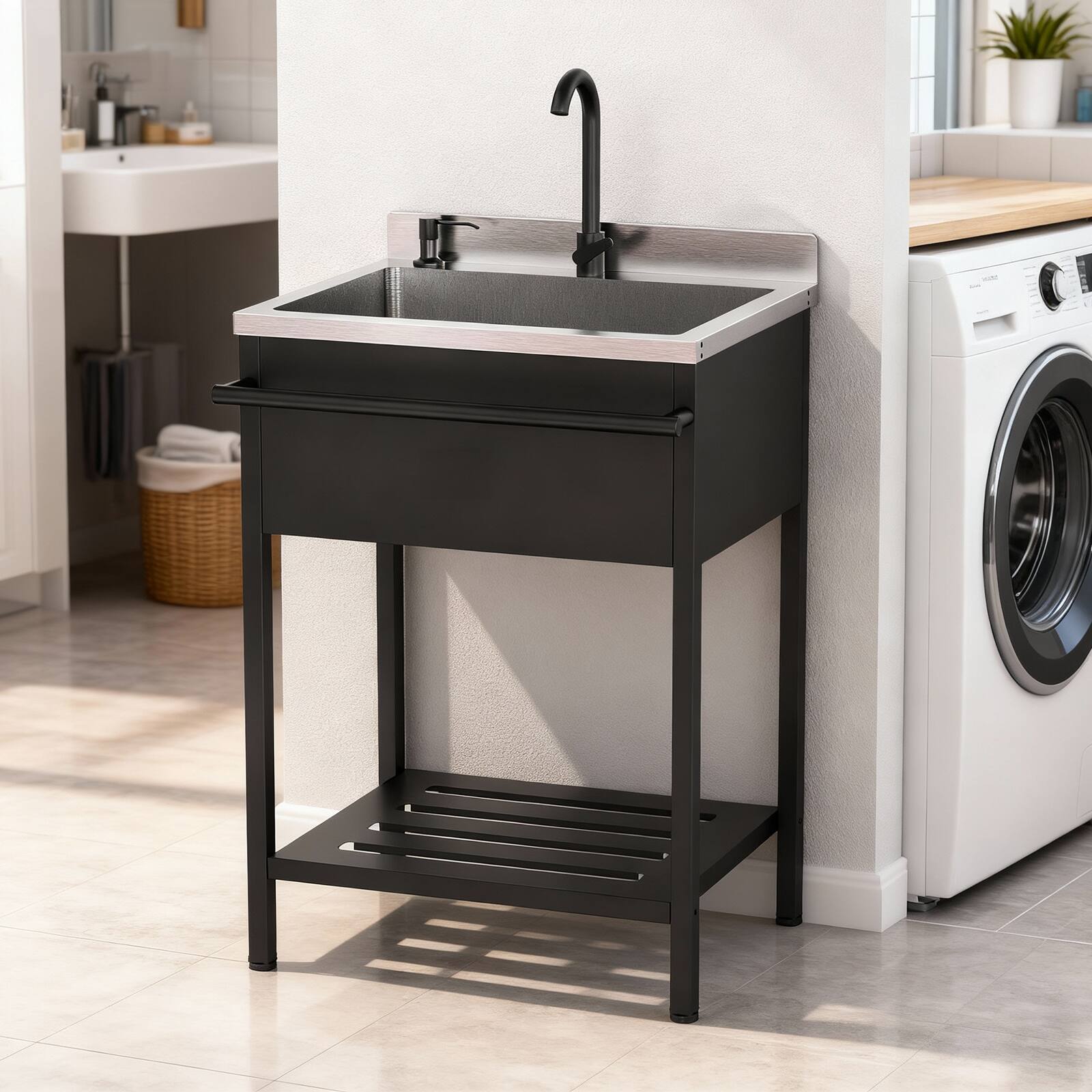 Alt View 3. Winado - Freestanding Sink with Side Towel Rack and Lower Shelf for Restaurant & Commercial Kitchen and Pet Grooming and Washing - Black & Silver.