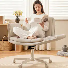 KERDOM - 4 in 1 Cross-Legged Chair with Wheels & Expandable Arms, PU Leather Wide Seat Vanity Chair, Home Office Computer Chair - Beige