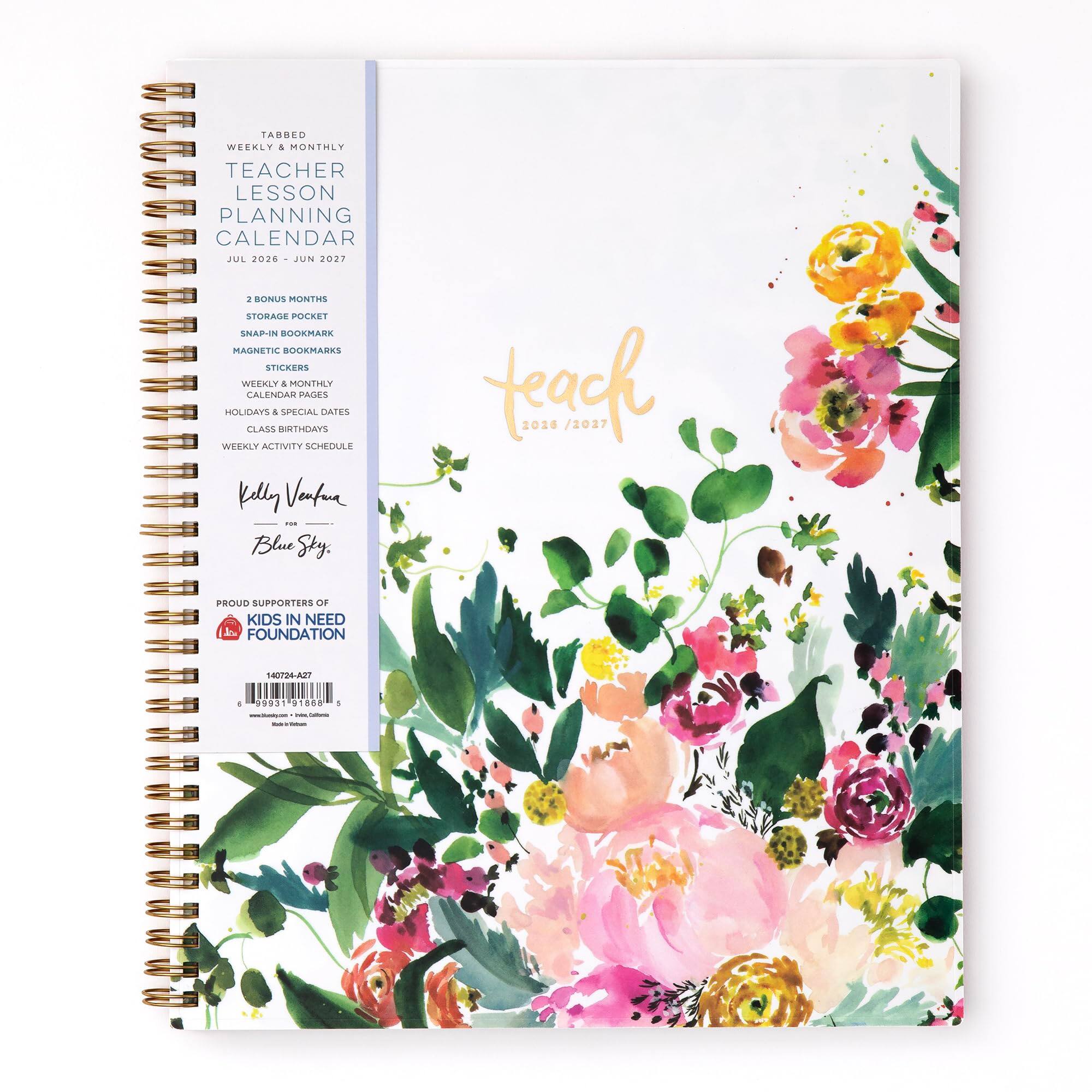 TABBED WEEKLY & MONTHLY TEACHER LESSON PLANNING CALENDAR JUL 2026 - JUN 2027  
1 BONUS MONTHS  
STORAGE POCKET  
SNAP-IN BOOKMARK  
MAGNETIC BOOKMARKS  
STICKERS  
WEEKLY & MONTHLY CALENDAR PAGES  
HOLIDAYS & SPECIAL DATES  
CLASS BIRTHDAYS  
WEEKLY ACTIVITY SCHEDULE  

Ventura BOX Blue Sky  
Heered 2026 / 2027  
PROUD SUPPORTERS OF KIDS IN NEED FOUNDATION  
140724-A27  
99931 1888 1 Cultomia  
- Vitamin