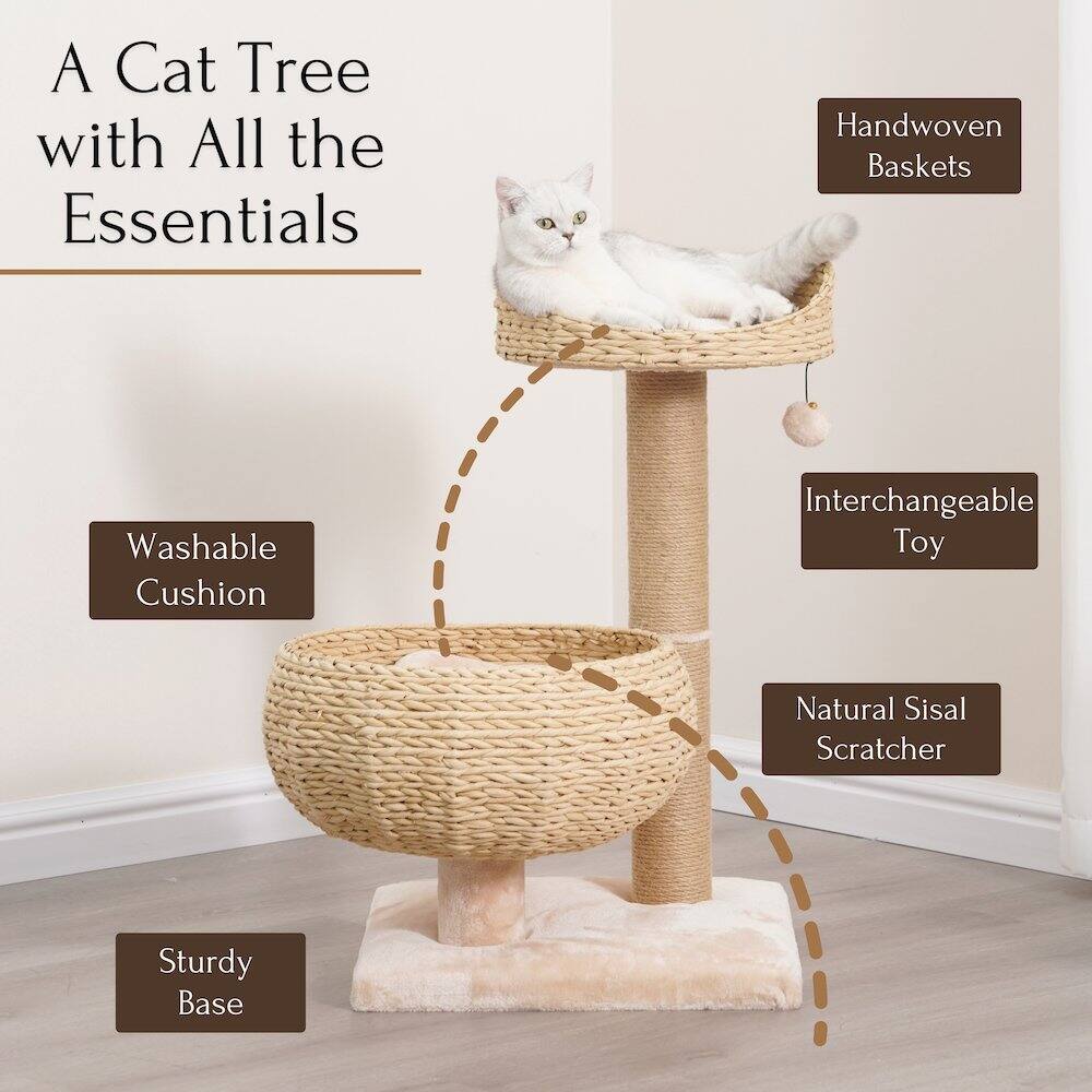 A Cat Tree with All the Essentials

- Handwoven Baskets
- Washable Cushion
- Interchangeable Toy
- Natural Sisal Scratcher
- Sturdy Base