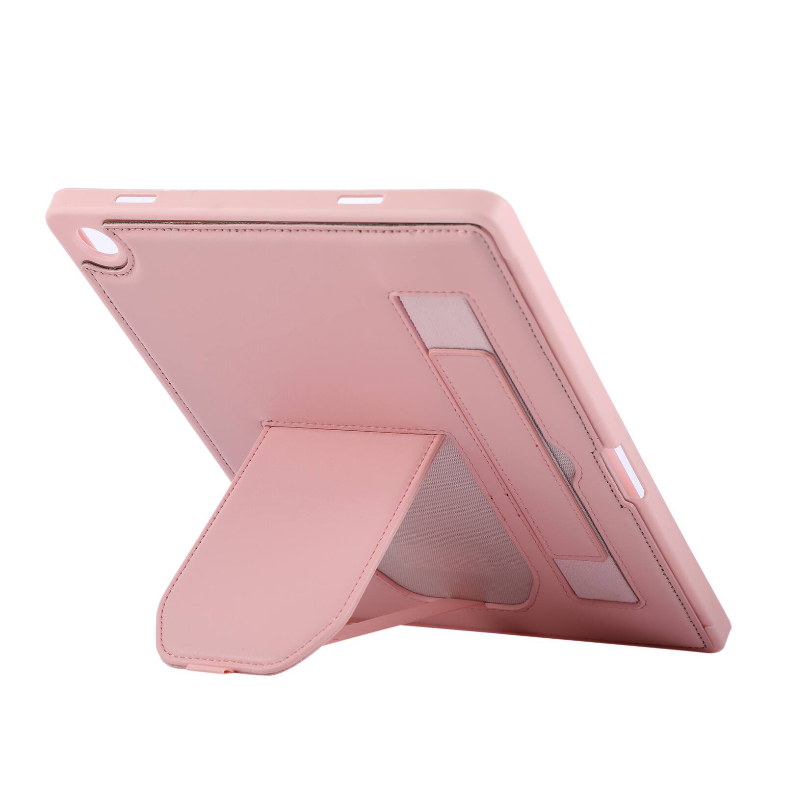 Back. Dteck - Shockproof Case for Samsung Galaxy Tab A11+ with Hand Strap and Foldable Kickstand, PU Leather TPU Protective Cover - Pink.