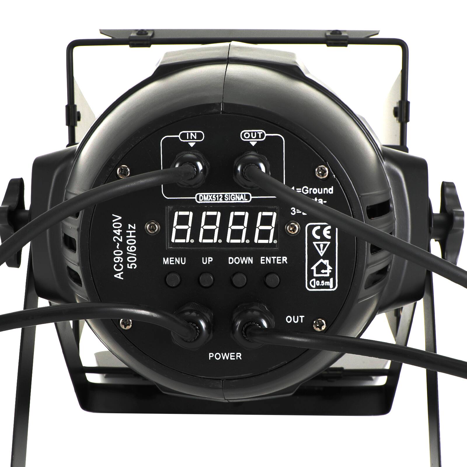 IN OUT AC90~240V 50/60Hz Ground DMX512 SIGNAL 3=, 8.8.8.8 CE 1 MENU UP DOWN ENTER 0.5m OUT POWER