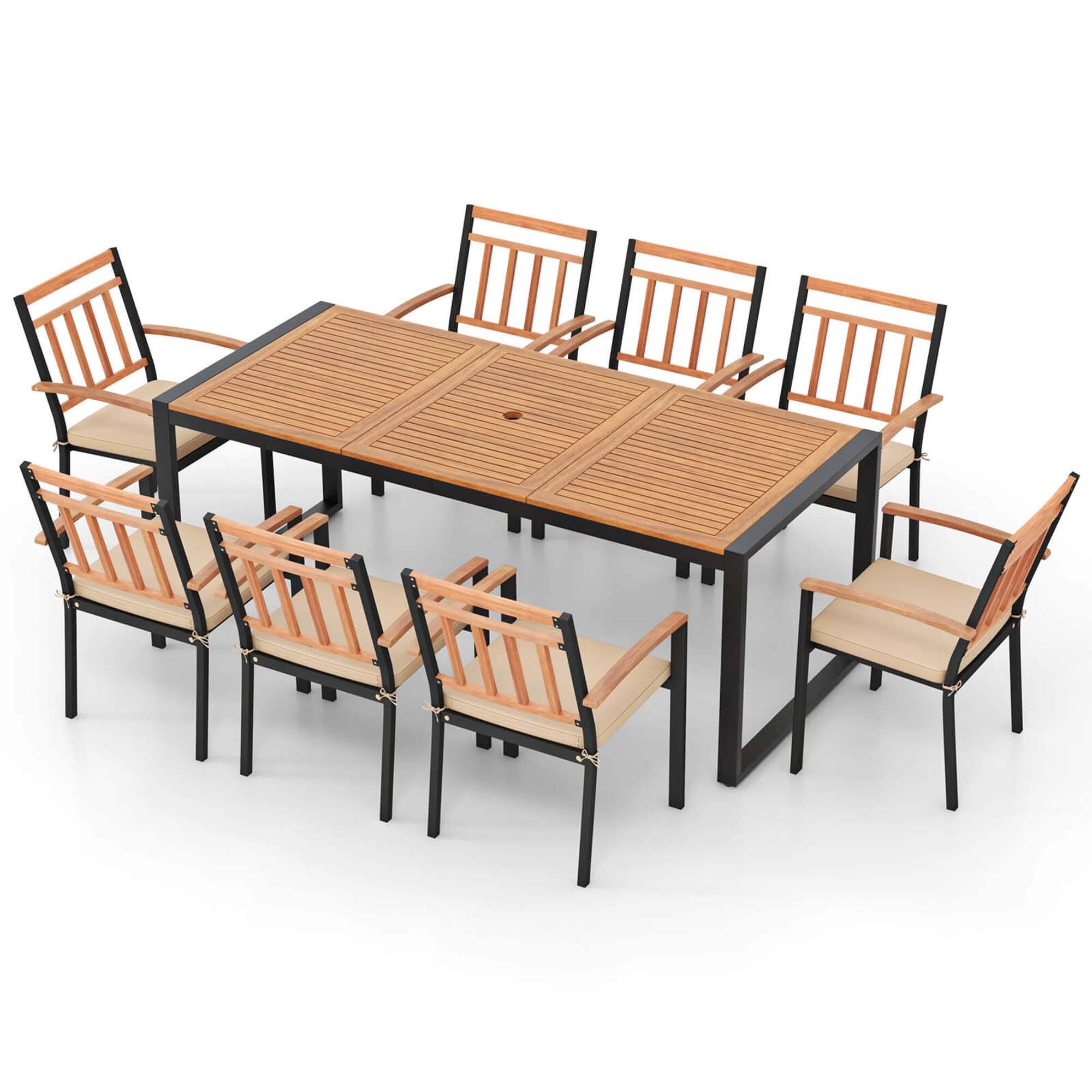 Alt View 6. Costway - 9 Pieces Patio Dining Set with Soft Cushions and 1.9" Umbrella Hole for Garden - Natural and Black.