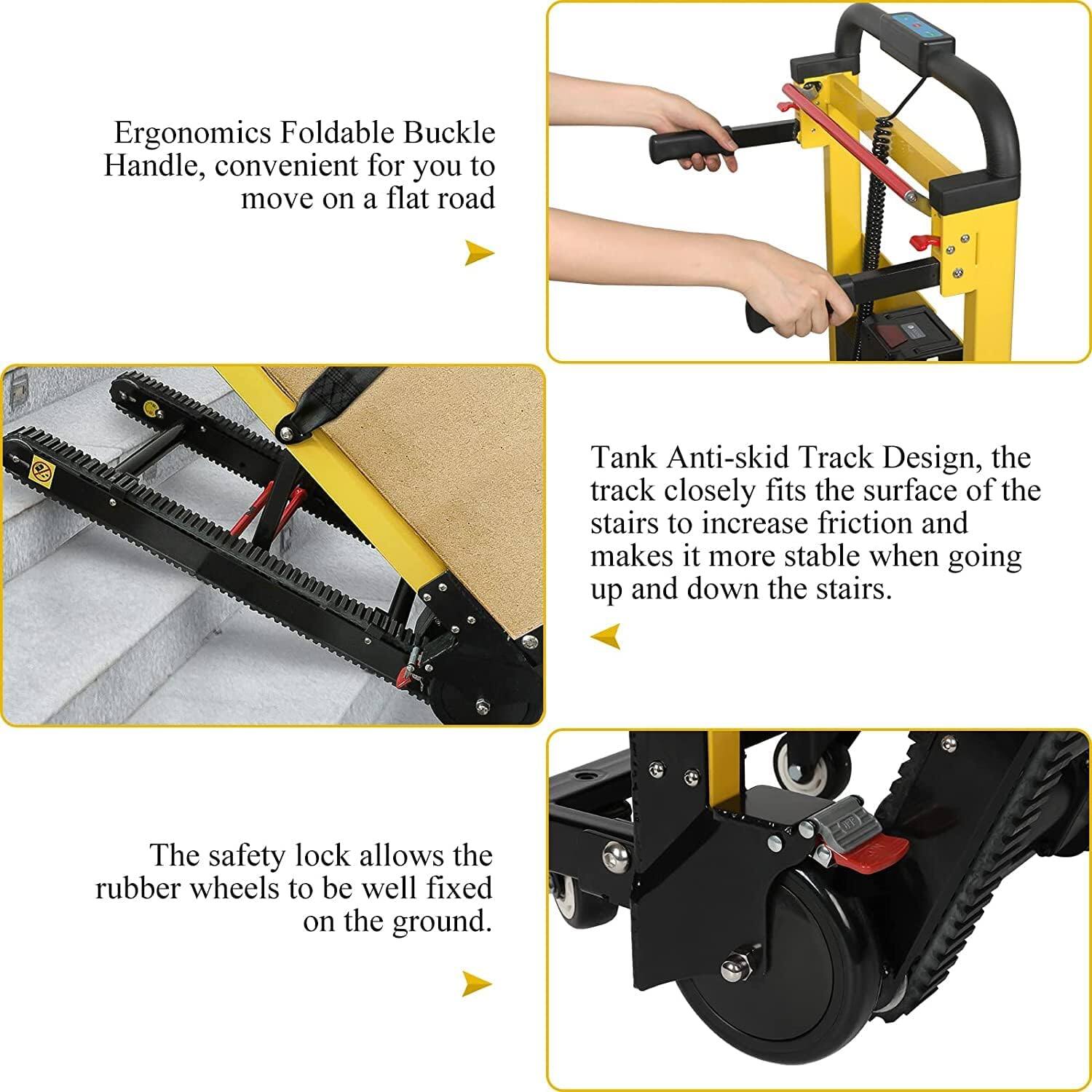 Ergonomics Foldable Buckle Handle, convenient for you to move on a flat road.

Tank Anti-skid Track Design, the track closely fits the surface of the stairs to increase friction and makes it more stable when going up and down the stairs.

The safety lock allows the rubber wheels to be well fixed on the ground.