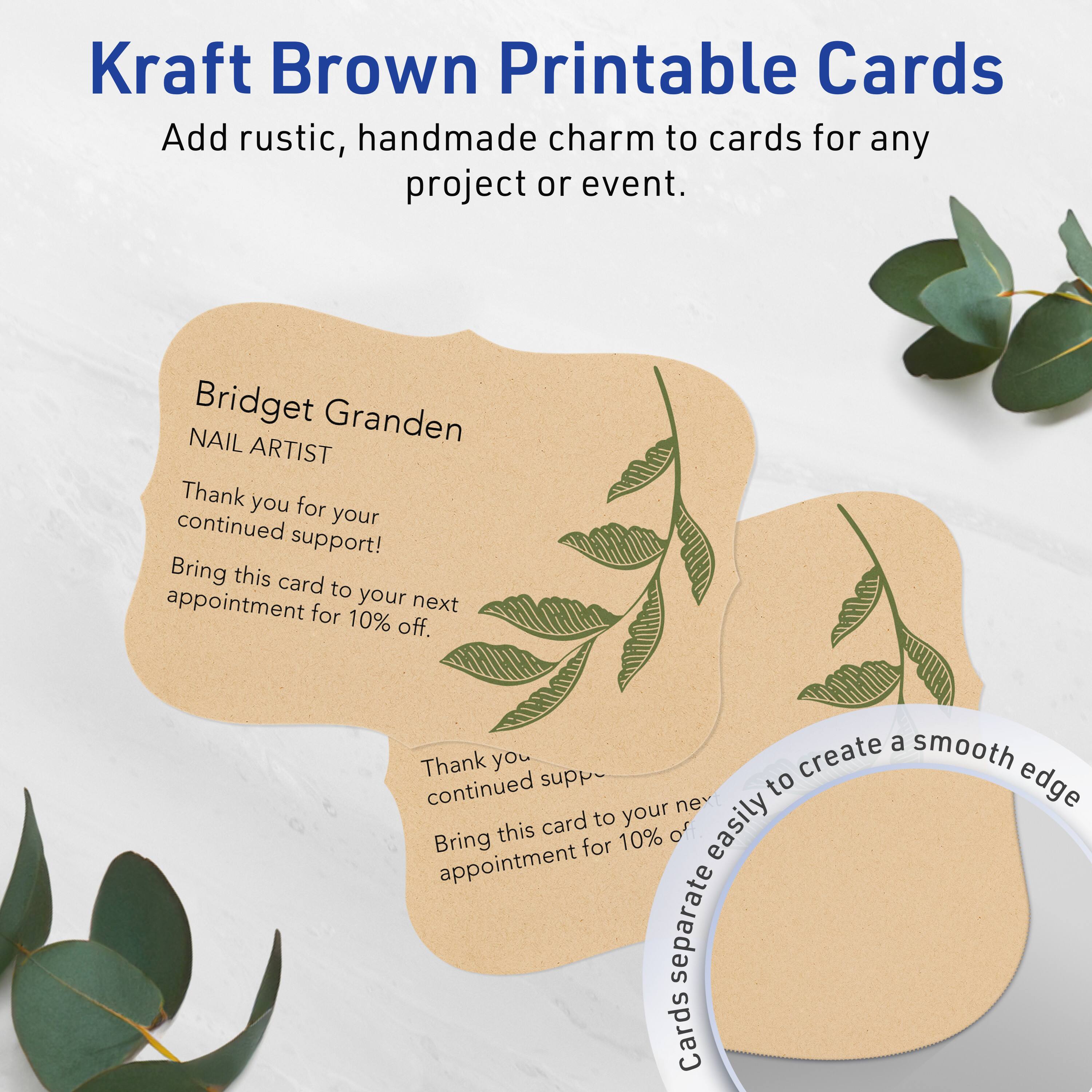 Kraft Brown Printable Cards  
Add rustic, handmade charm to cards for any project or event.

Bridget Granden  
NAIL ARTIST

Thank you for your continued support!  
Bring this card to your next appointment for 10% off.

Thank you for your continued support!  
Bring this card to your next appointment for 10% off.

Cards separate easily to create a smooth edge.