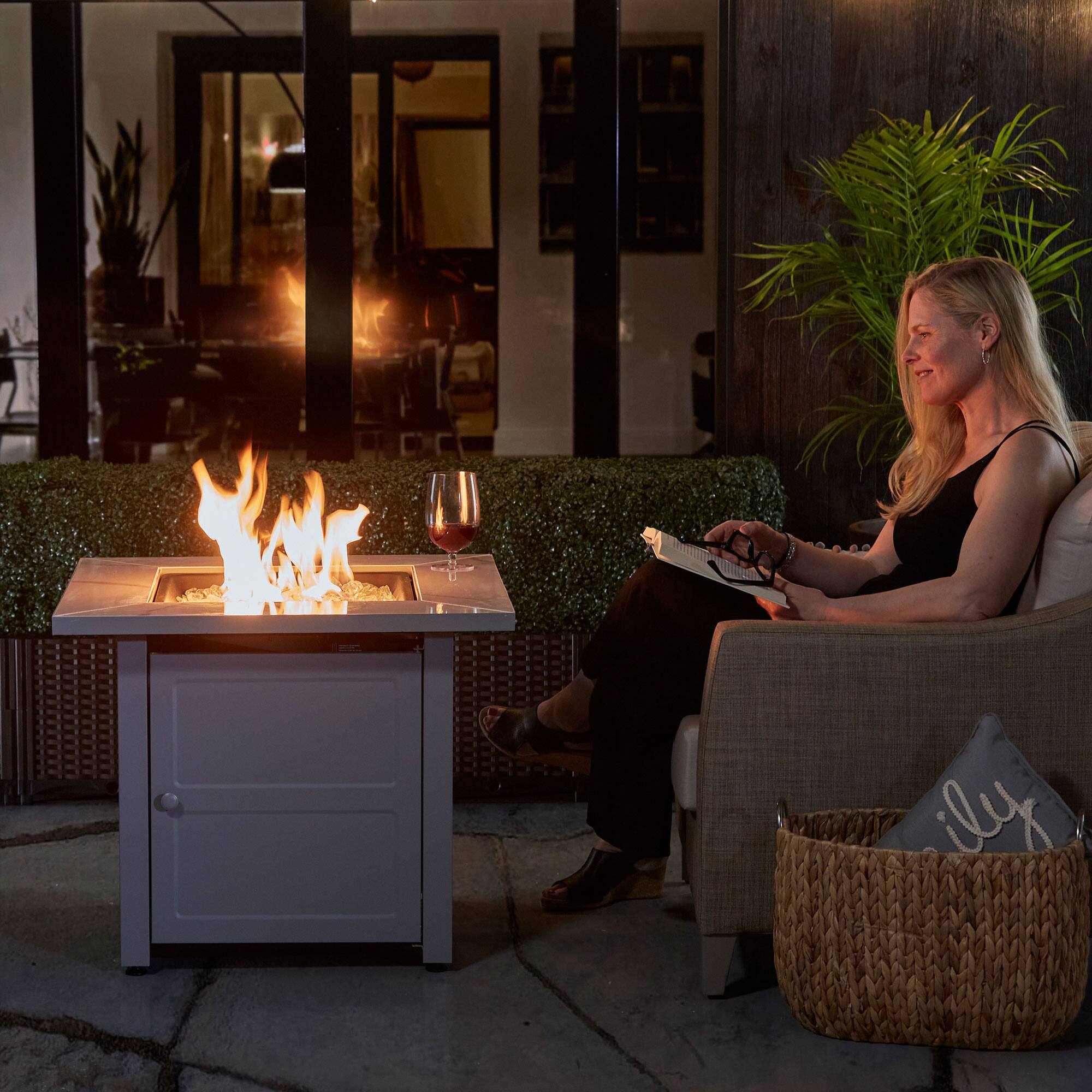 Alt View 3. Endless Summer - Endless Summer Outdoor Fire Pit Table with Faux Marble Finish, White Glass - White Glass.