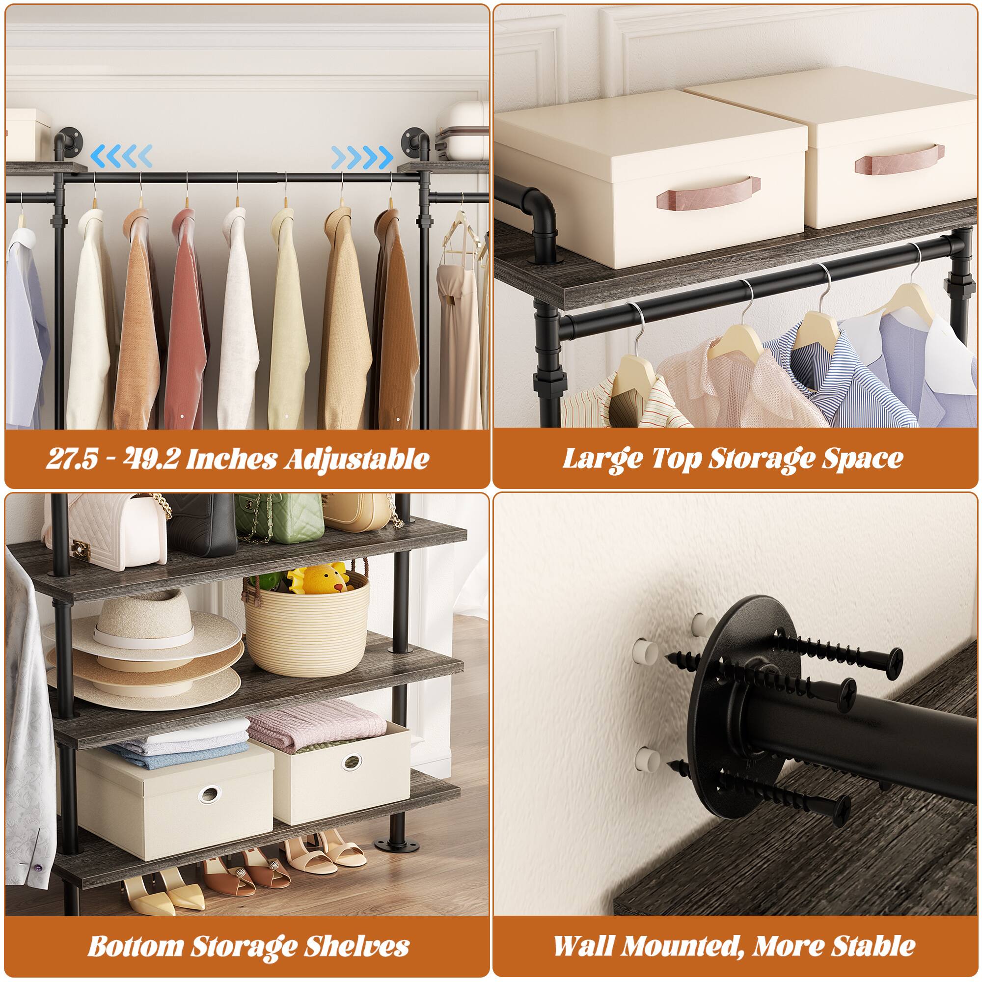 27.5 - 49.2 Inches Adjustable  
Large Top Storage Space  
Bottom Storage Shelves  
Wall Mounted, More Stable