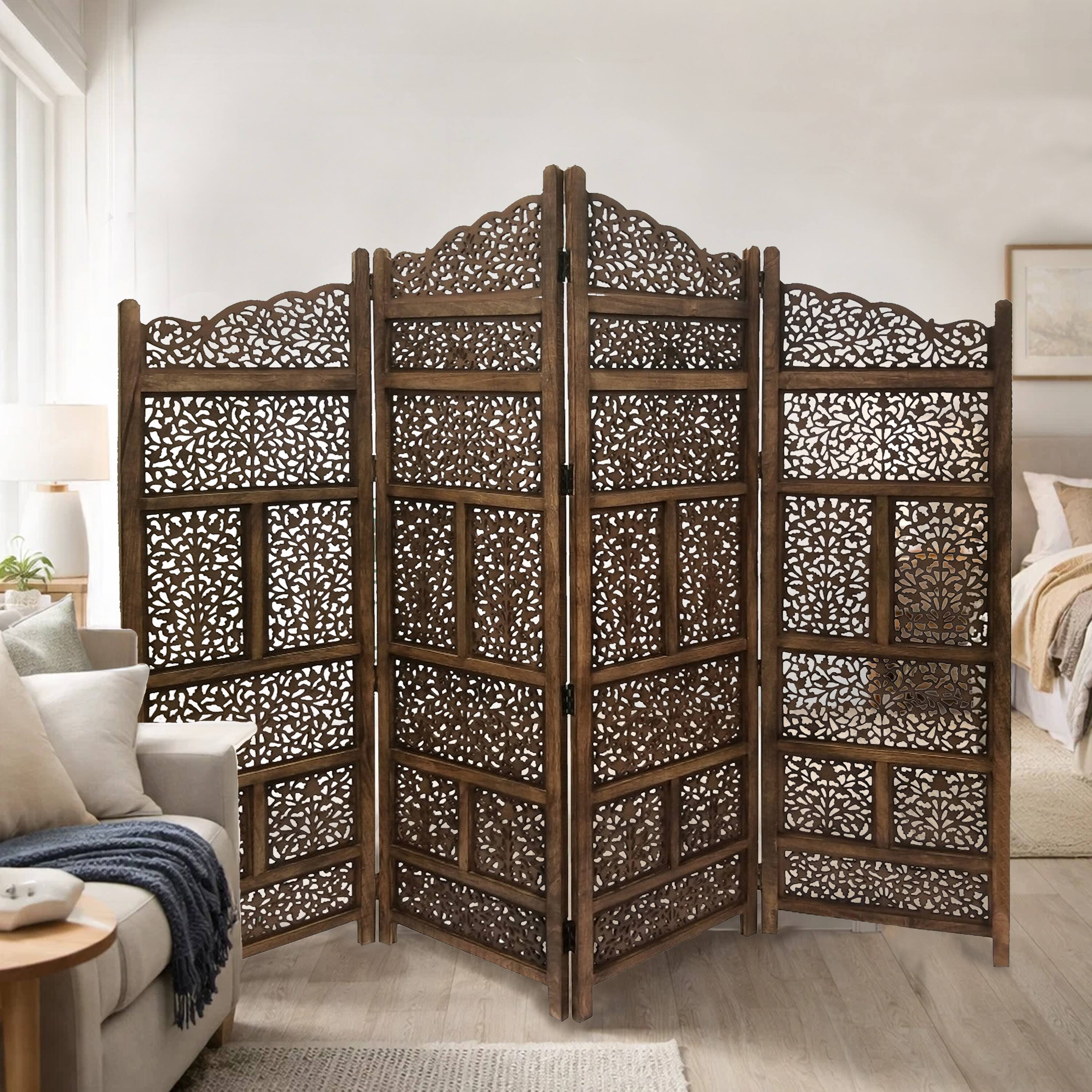 Alt View 6. Manhattan Lane - Benzara Hand Carved Foldable 4 Panel Wooden Partition Screen/RoomDivider - Brown.