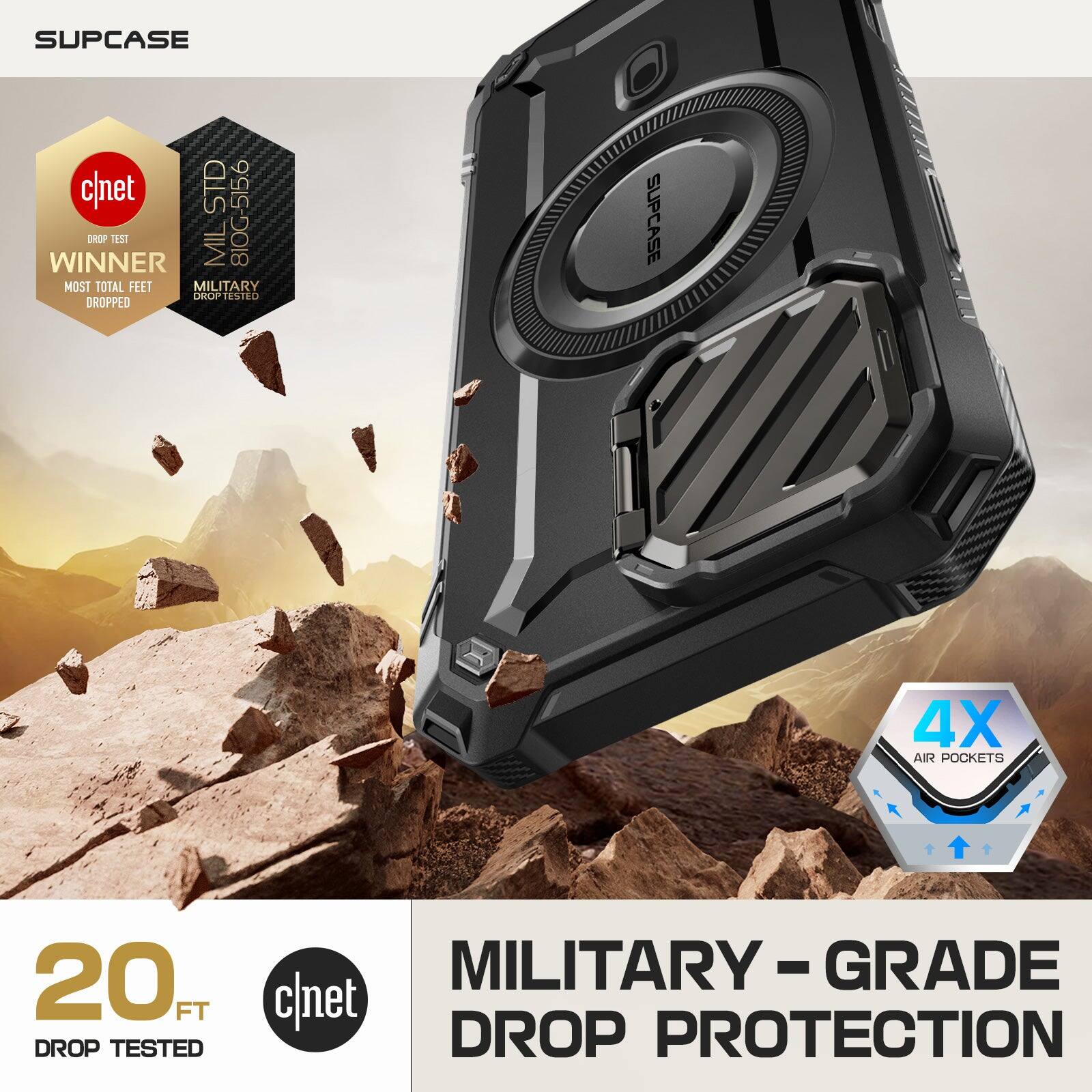 The corrected text is:

"Supcase c/net STD 810G-515.6 Drop Test Winner Mil Most Total Feet Military-Grade Drop Protection. 20 ft Drop Tested. 4x Air Pockets."