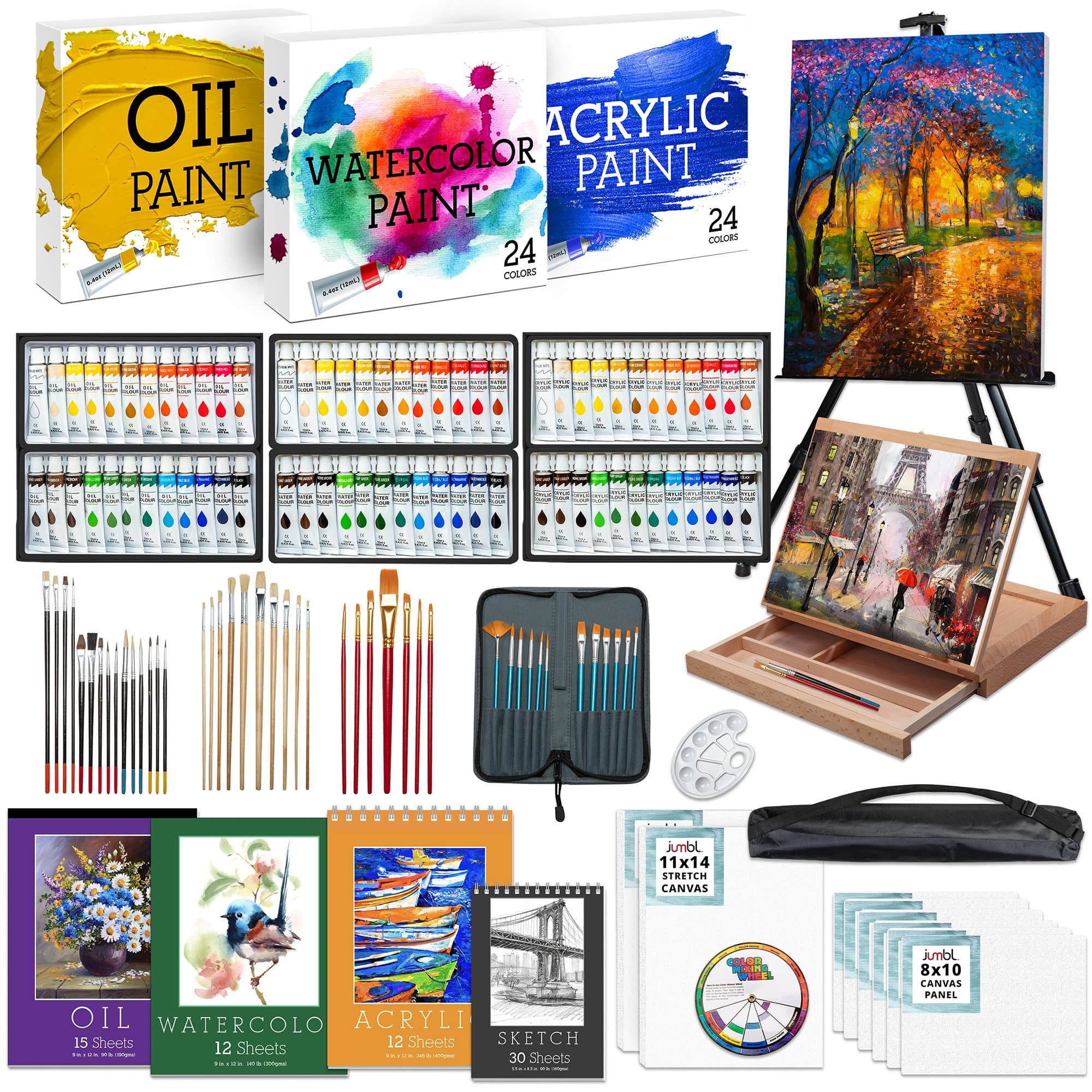 Jumbl - 131-Piece Painting Kit, Professional Art Set W/Oil, Acrylic & Watercolor Paints, Easel & More - Multicolor