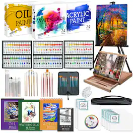 Jumbl - 131-Piece Painting Kit, Professional Art Set W/Oil, Acrylic & Watercolor Paints, Easel & More - Multicolor