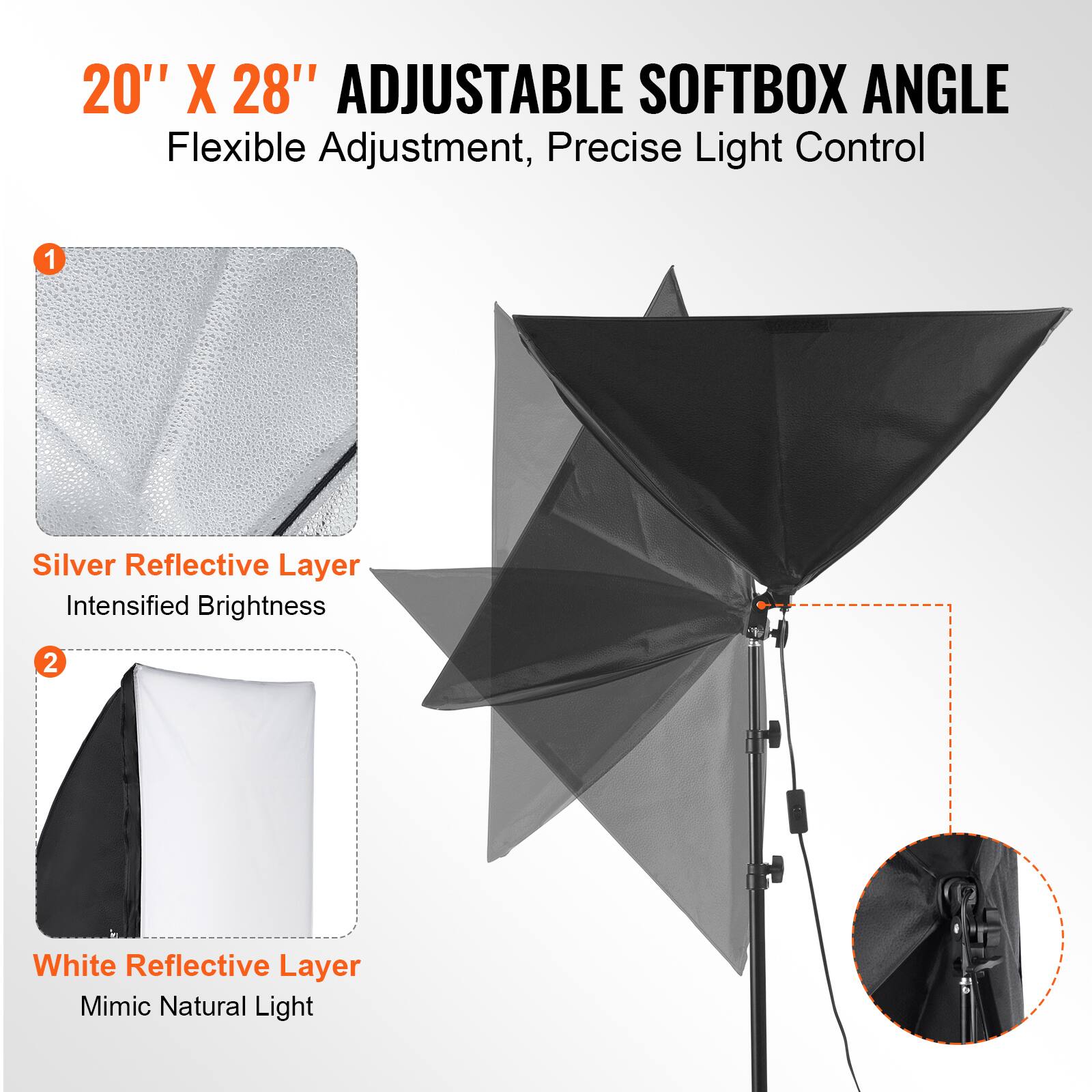 20" X 28" ADJUSTABLE SOFTBOX ANGLE  
Flexible Adjustment, Precise Light Control  

1. Silver Reflective Layer  
   Intensified Brightness  

2. White Reflective Layer  
   Mimic Natural Light