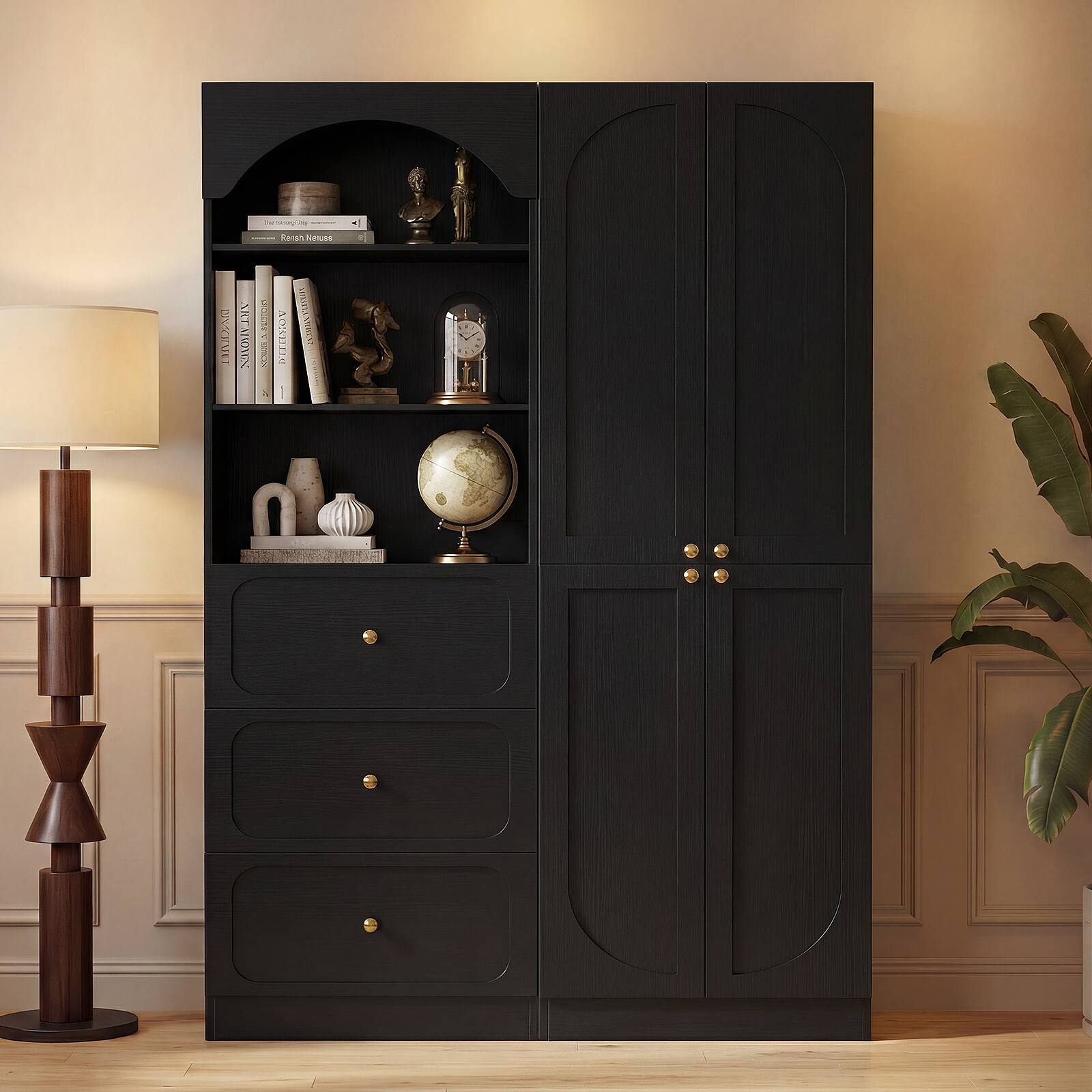 Aheaplus - 80" Arched Kitchen Pantry Sets: 47" Wood Cupboard with 3 Drawers & 3-Tier Shelves, Wall-Fit for Kitchen/Living Room - Black