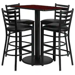 Flash Furniture - Jamie 24'' x 42'' Rectangular Mahogany Laminate Table Set with 4 Ladder Back Metal Barstools - Vinyl Seat - Black
