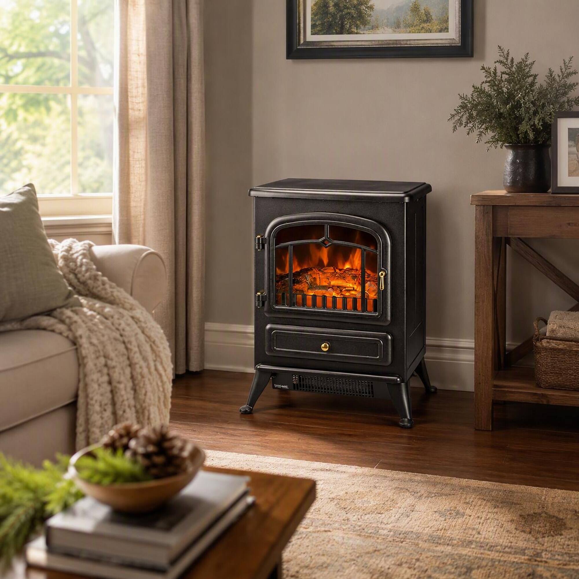 Left. RYHNUYNE - Freestanding Electric Fireplace Stove Heater, Realistic Flame Effect For Cozy Living Room Bedroom Home Warmth - Black.