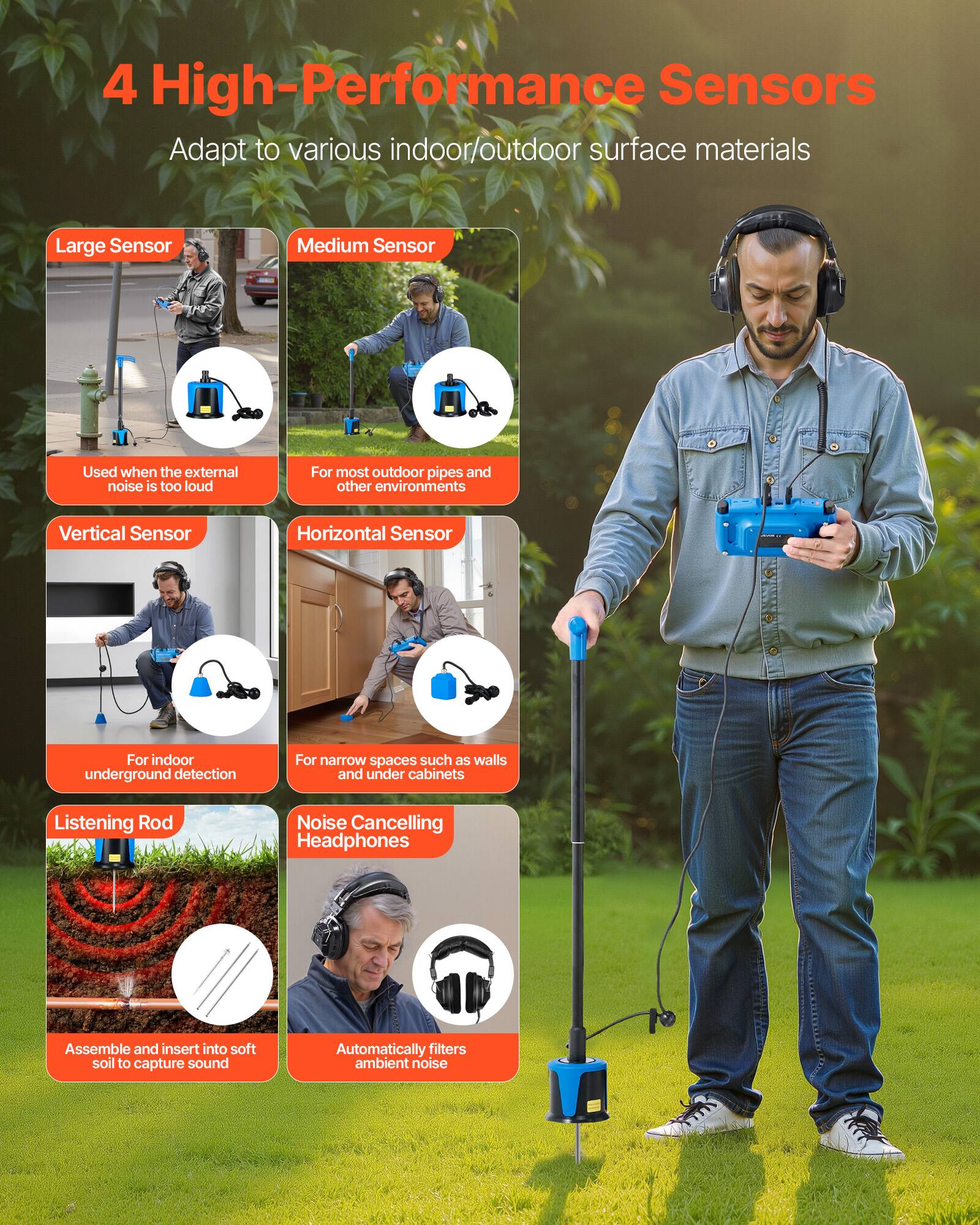 4 High-Performance Sensors  
Adapt to various indoor/outdoor surface materials

- Large Sensor  
  Used when the external noise is too loud

- Medium Sensor  
  For most outdoor pipes and other environments

- Vertical Sensor  
  For indoor underground detection

- Horizontal Sensor  
  For narrow spaces such as walls and under cabinets

- Listening Rod  
  Assemble and insert into soft soil to capture sound

- Noise Cancelling Headphones  
  Automatically filters ambient noise