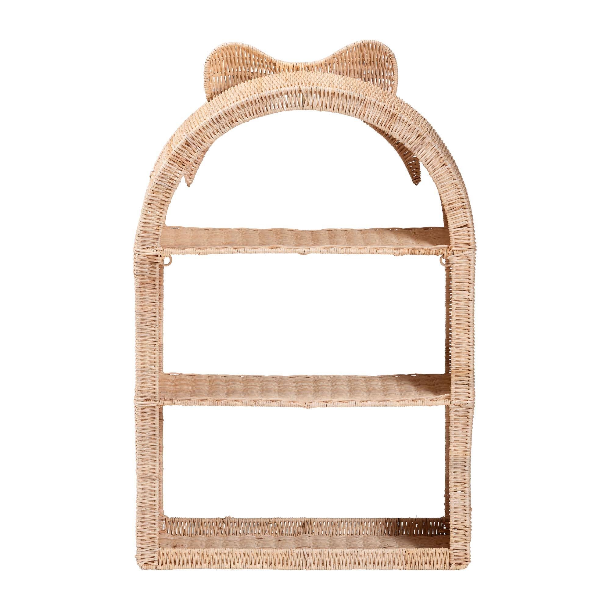 Back. bali & pari - bali & pari Creusa Natural Rattan Wall Shelf - 3-Tier Decorative Storage Rack with Arched Frame and Woven Bow Accent - Natural Brown.
