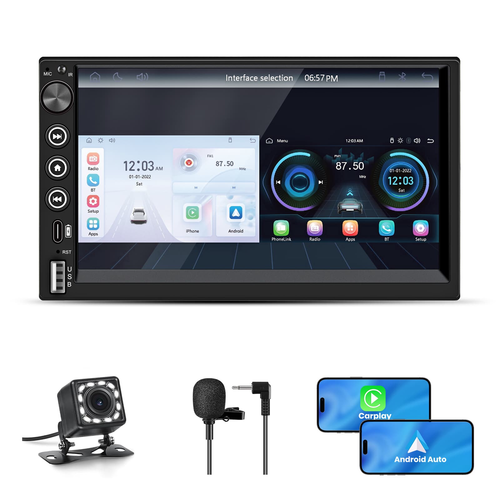 Junsun - 7" 2Din Microphone + Rear Camera Wireless carplay Android Auto Universal Car Stereo Radio Touchscreen Player Bluetooth - Black
