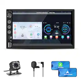 Junsun - 7" 2Din Microphone + Rear Camera Wireless carplay Android Auto Universal Car Stereo Radio Touchscreen Player Bluetooth - Black