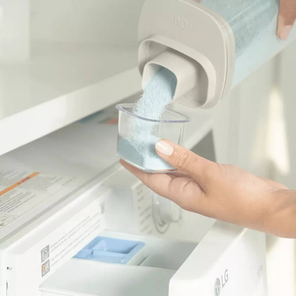 Left. OU - 50 oz Clear Airtight Dispenser with Measuring Cap, Lightweight Soap & Fabric Softener Organizer - Beige.