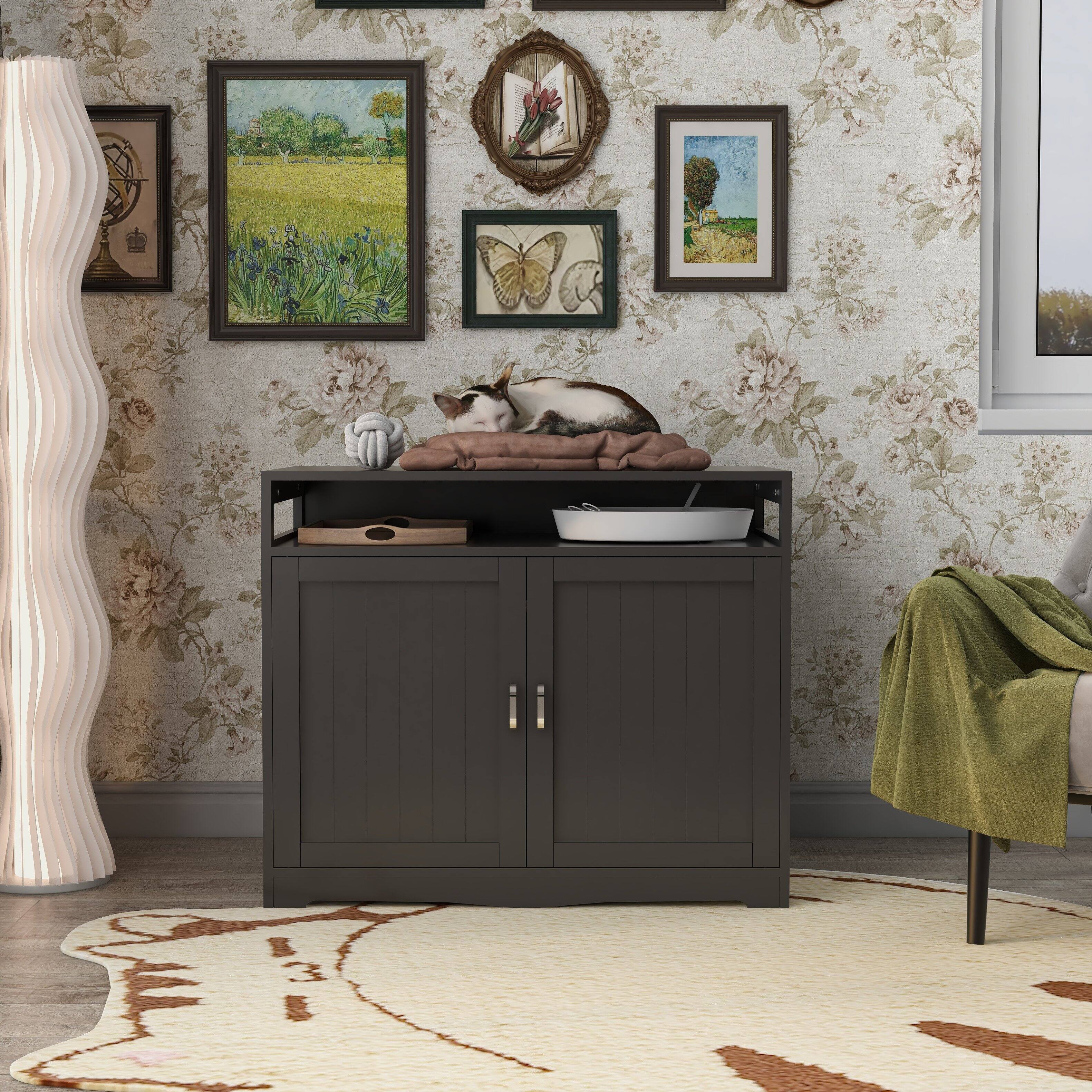 Back. Dexmalle - Dexmalle-2 Doors Litter Box Enclosure,Storage Bench Side Table Cat House with Hidden Plug-Esspresso - Esspresso.