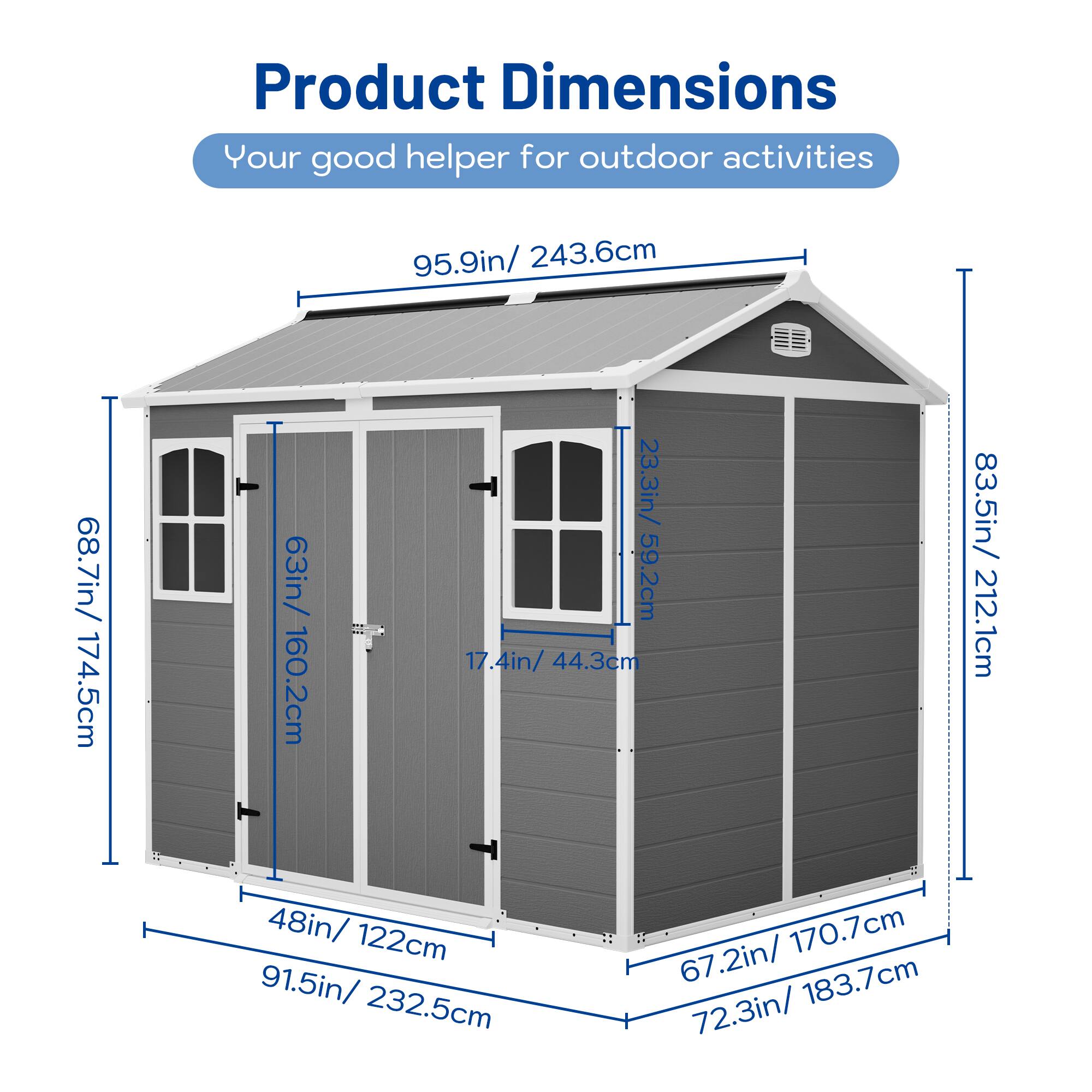 Product Dimensions  
Your good helper for outdoor activities  

- 95.9in / 243.6cm  
- 68.7in / 174.5cm  
- 63in / 160.2cm  
- 23.3in / 59.2cm  
- 17.4in / 44.3cm  
- 83.5in / 212.1cm  
- 48in / 122cm  
- 91.5in / 232.5cm  
- 67.2in / 170.7cm  
- 67.2in / 183.7cm  
- 72.3in / 183.7cm