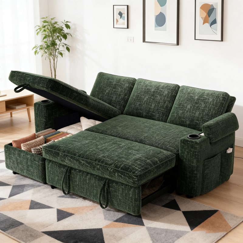 Front. Dyonery - Sectional Sleeper Sofa with Pull Out Couch,Chenille Couch with Storage Chaise & USB Charging, L Shaped Modular Couches - Green.