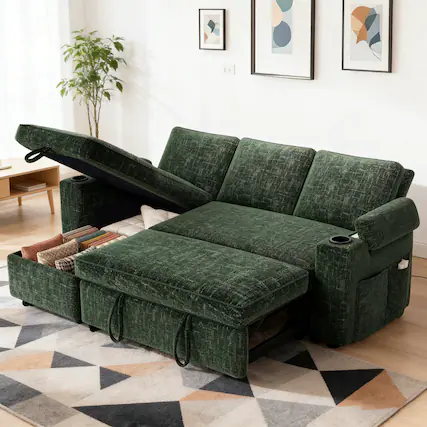 Front. Dyonery - Sectional Sleeper Sofa with Pull Out Couch,Chenille Couch with Storage Chaise & USB Charging, L Shaped Modular Couches - Green.